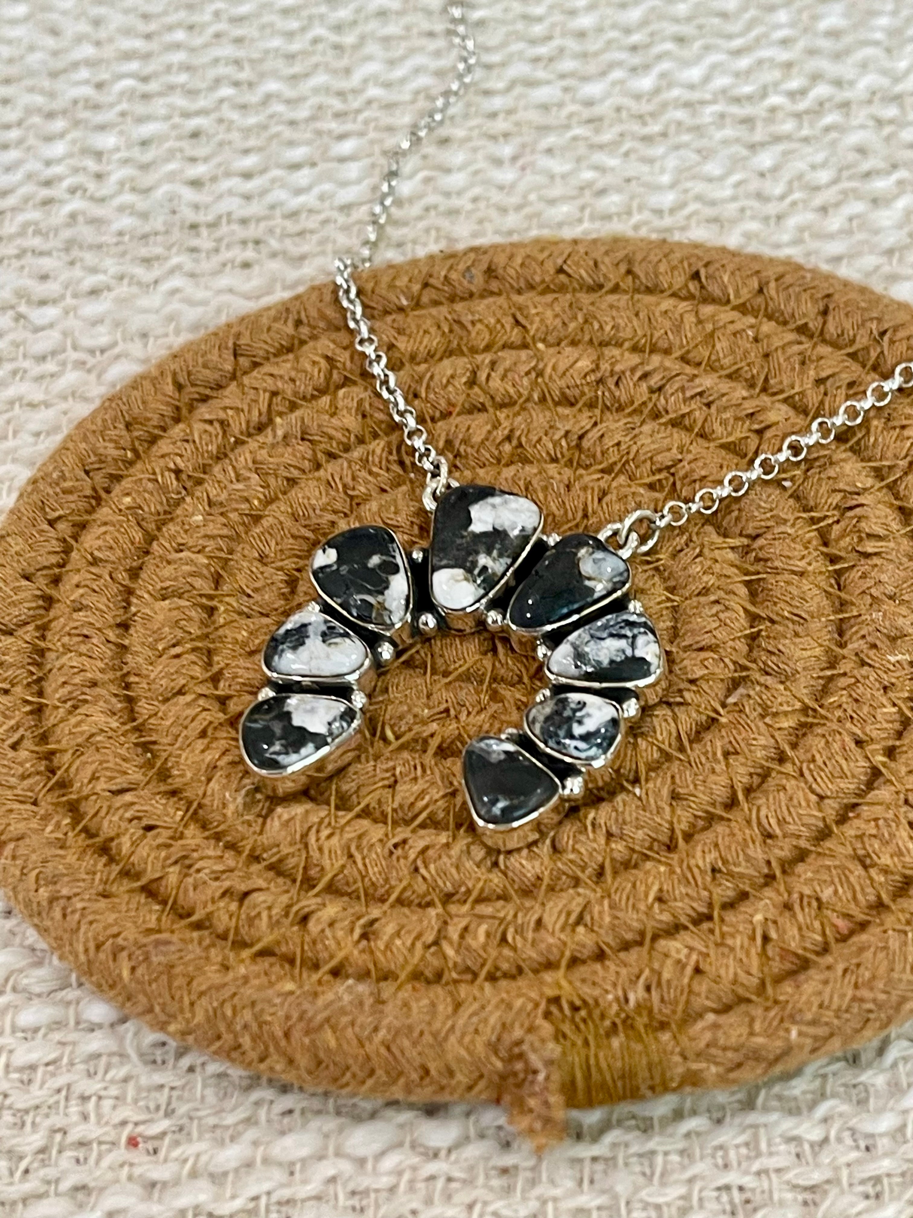 Handmade Sterling Silver, White Buffalo Cluster Naja Necklace Signed Nizhoni