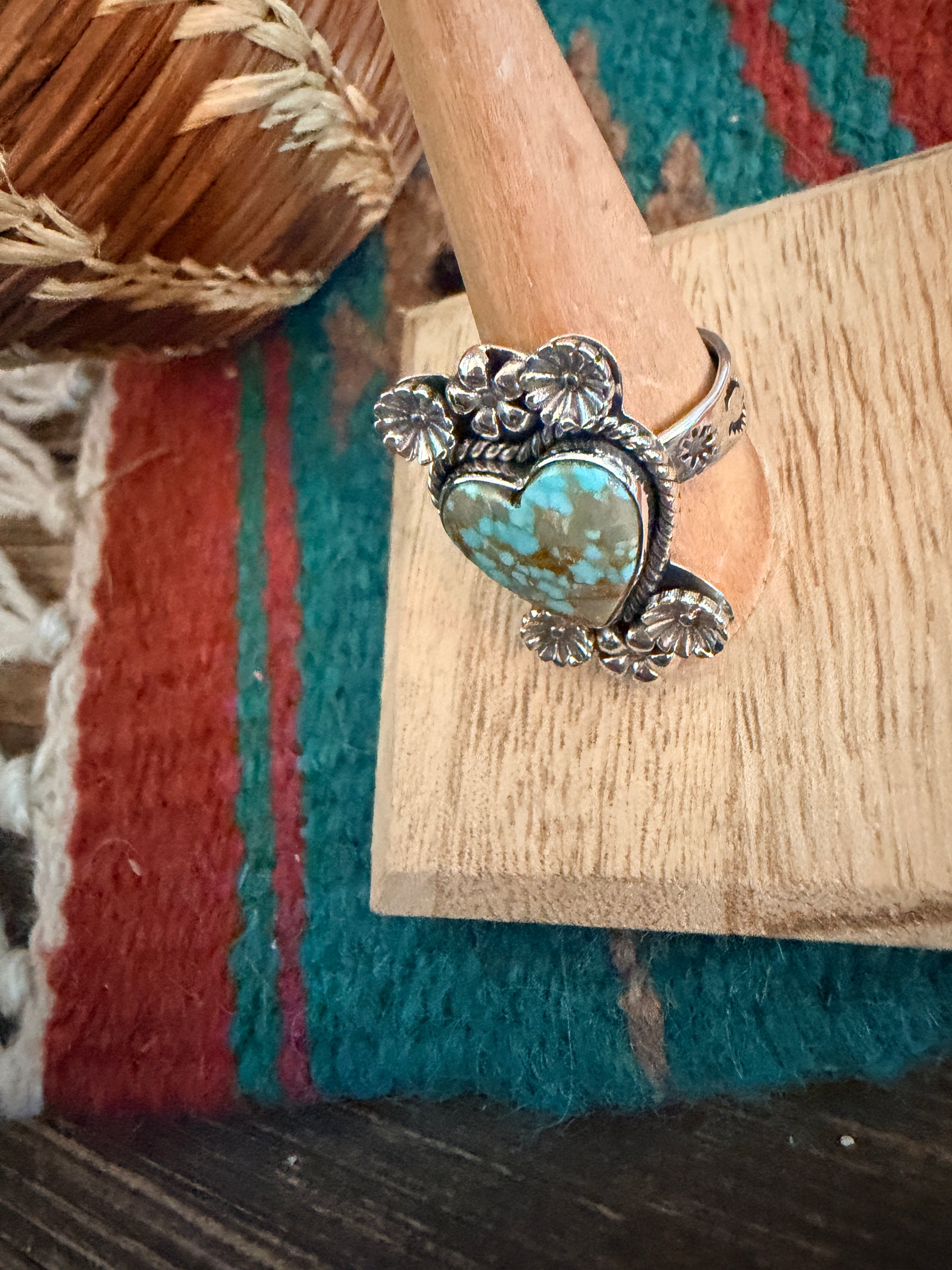 Handmade Sterling Silver Number 8 Turquoise Adjustable Heart Ring Signed Nizhoni