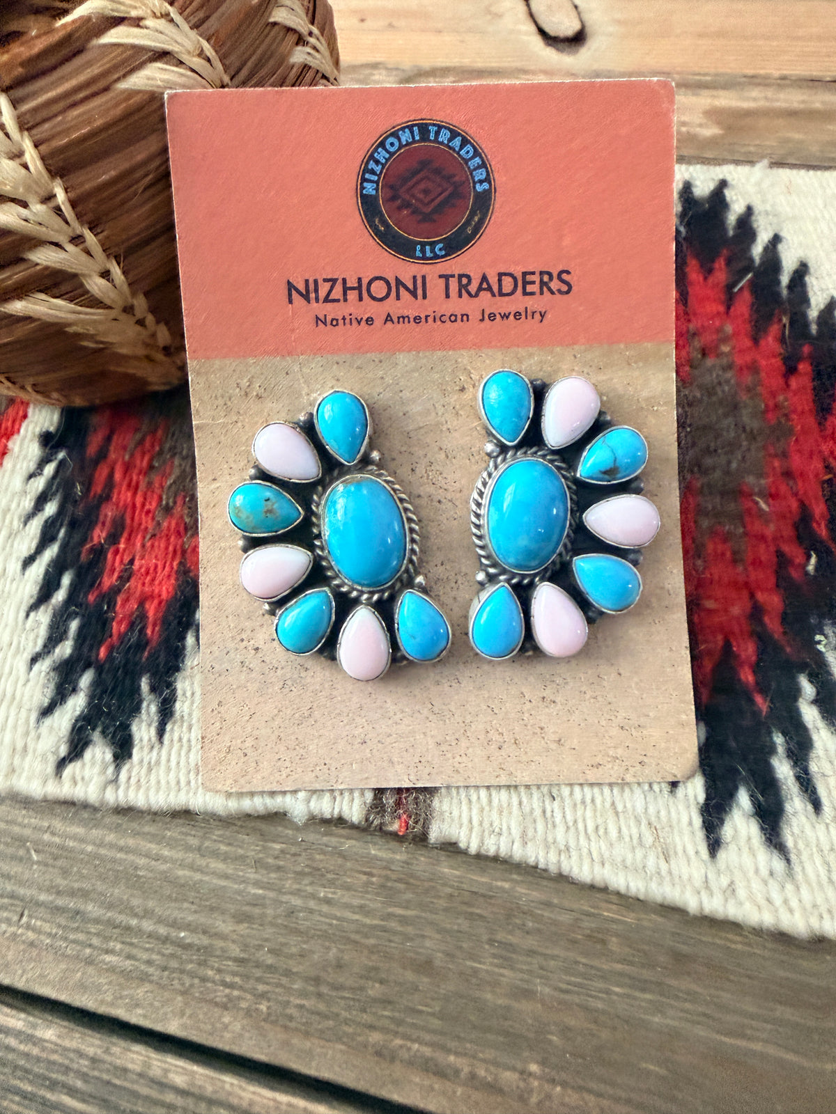 Handcrafted Turquoise, Queen Pink Conch & Sterling Silver Cluster Post Earrings by Geraldine James