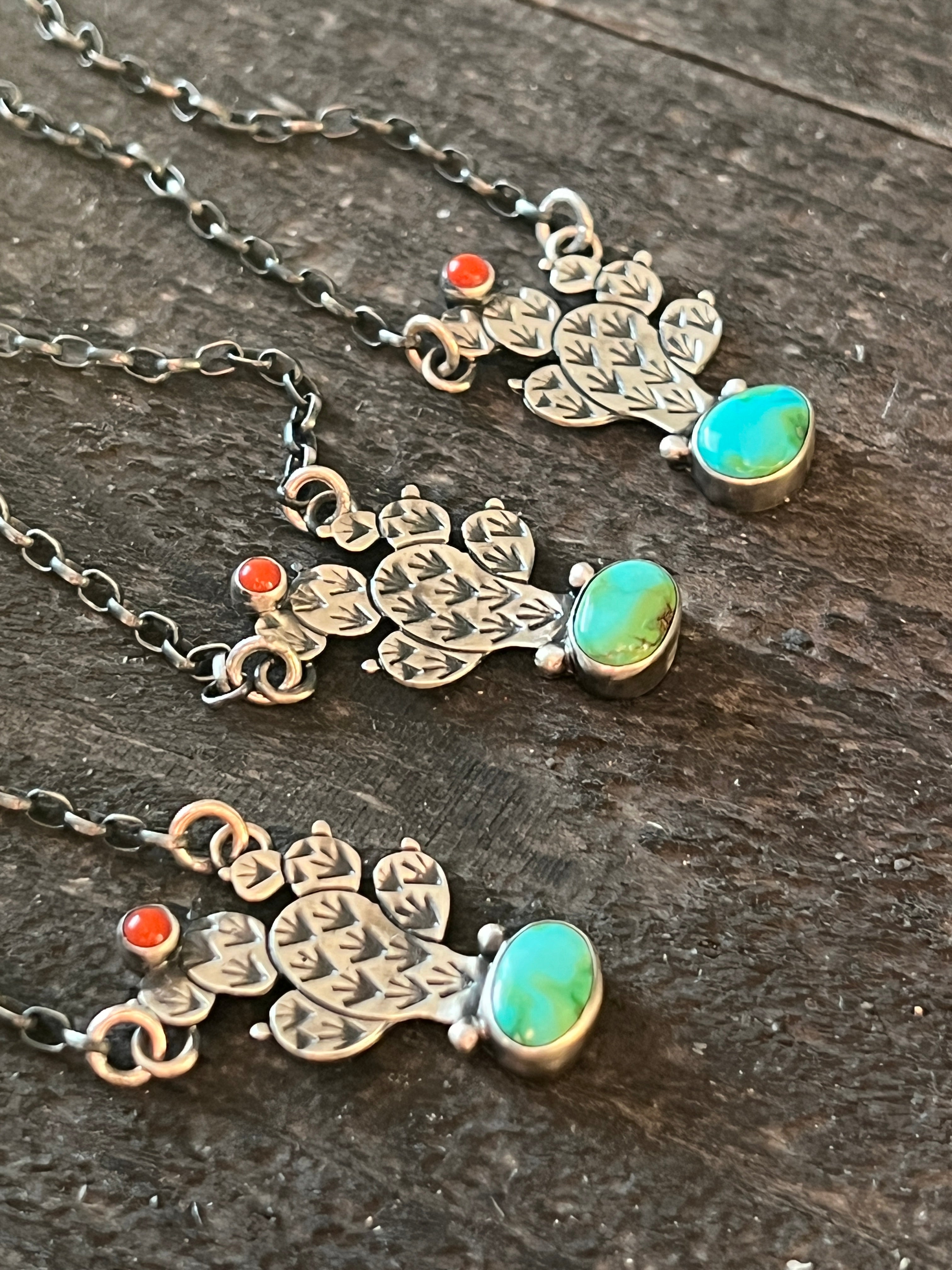 Handcrafted Petite Sterling Silver, Turquoise and Coral Cactus Link Chain Necklace, 16” + 1.5”