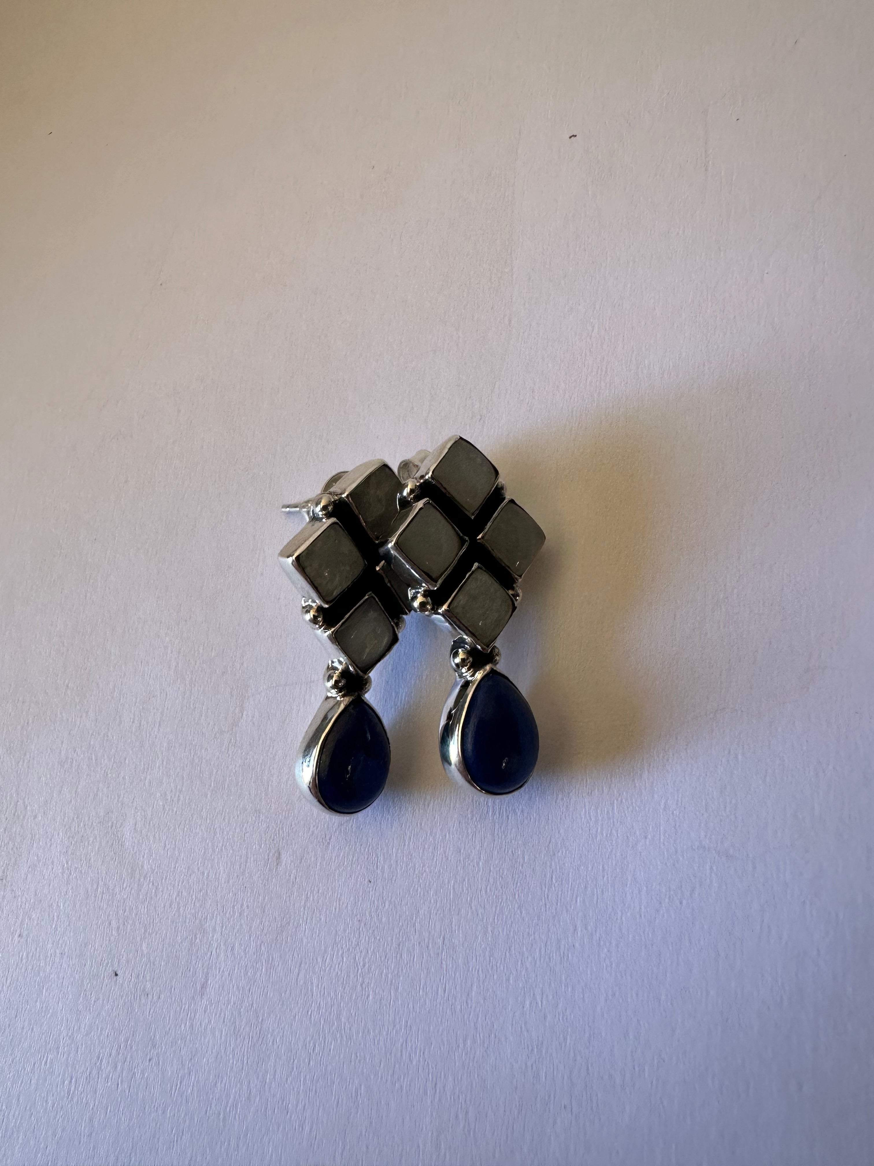 Handmade Lapis, Mother of Pearl and Sterling Silver Post Earrings Signed Nizhoni