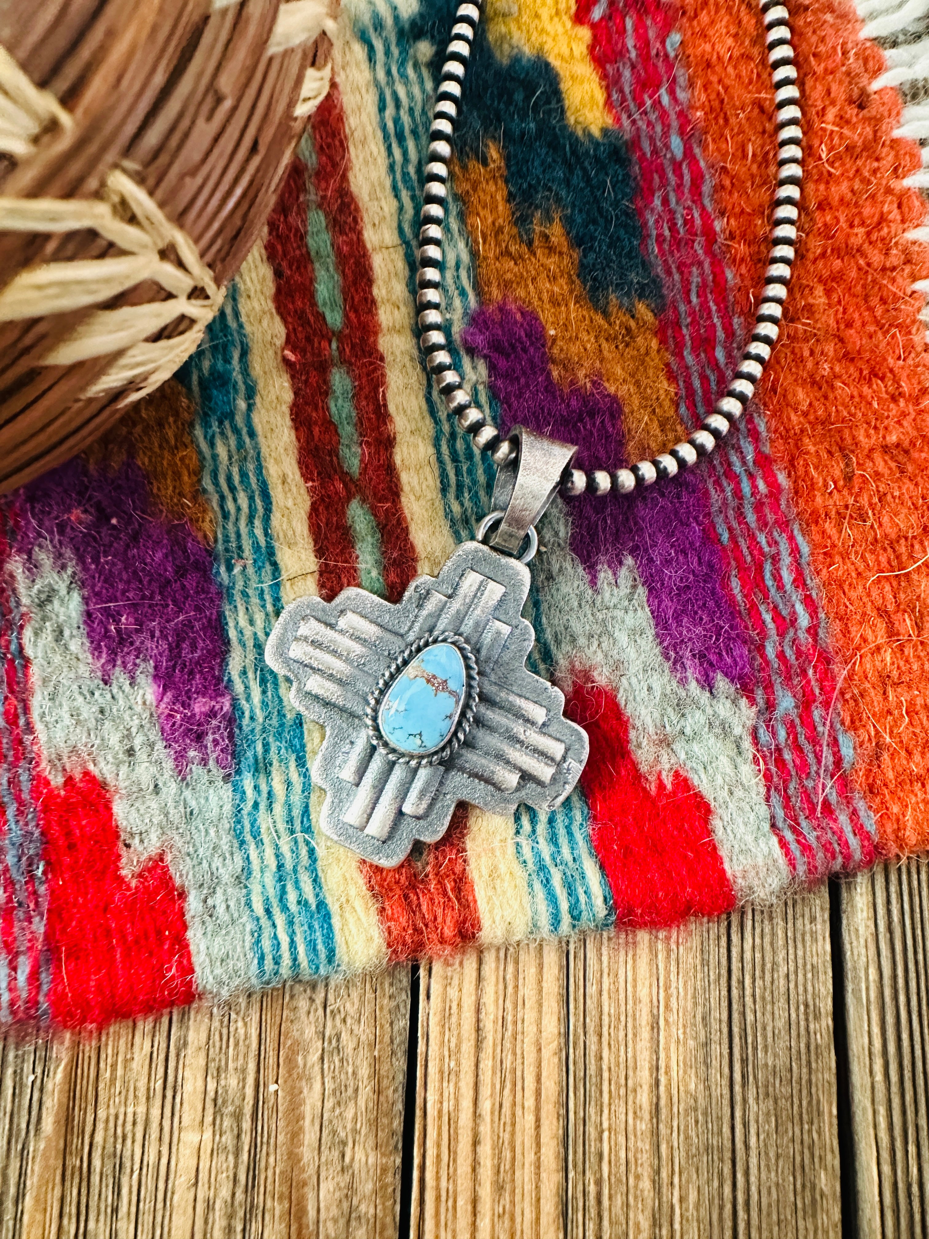 Handcrafted Sterling Silver & Golden Hills Turquoise Zia Cross Pendant by Kevin Billah