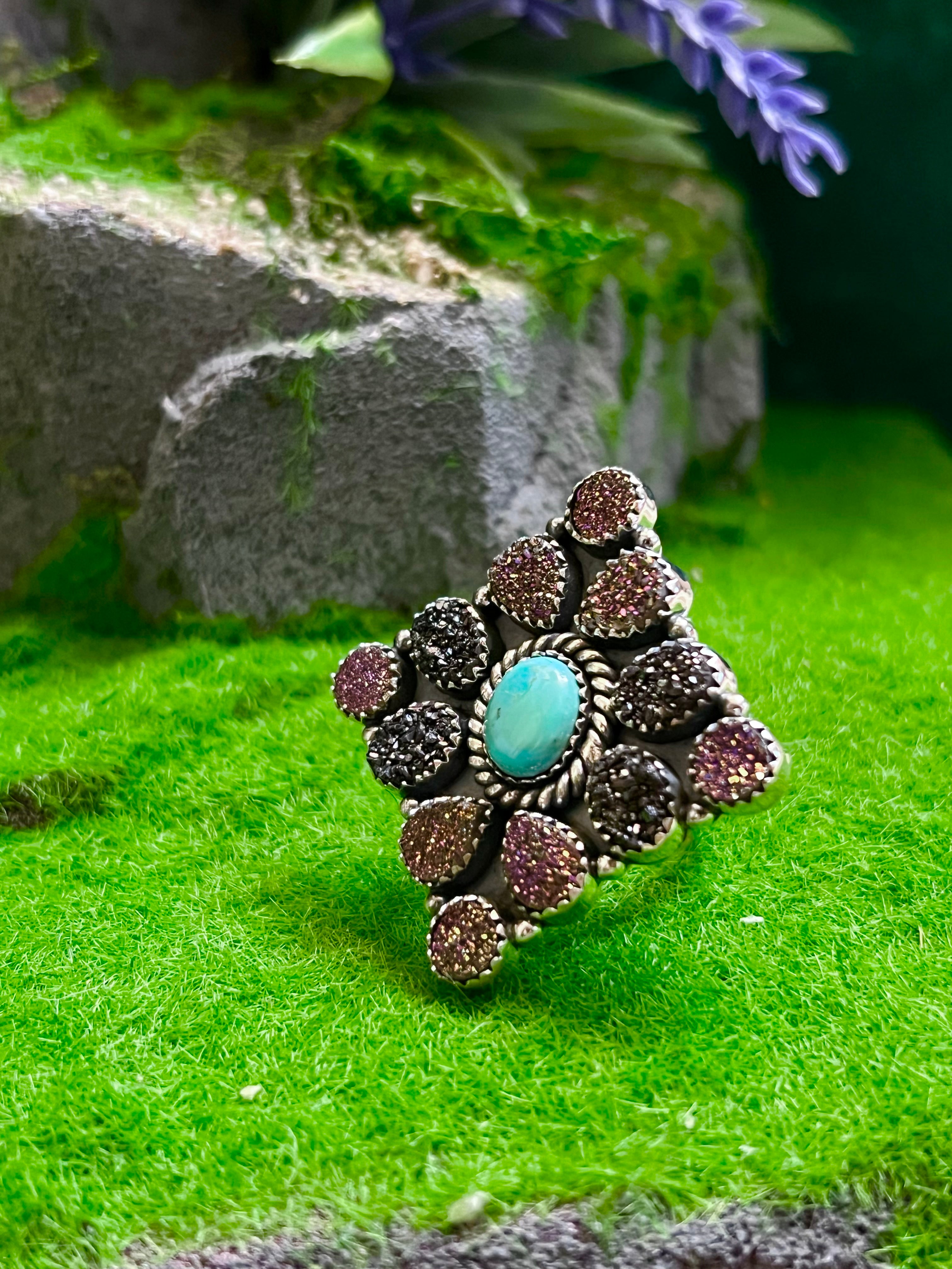 Handmade Turquoise With Purple & Black Druzy Cluster Sterling Silver Adjustable Ring