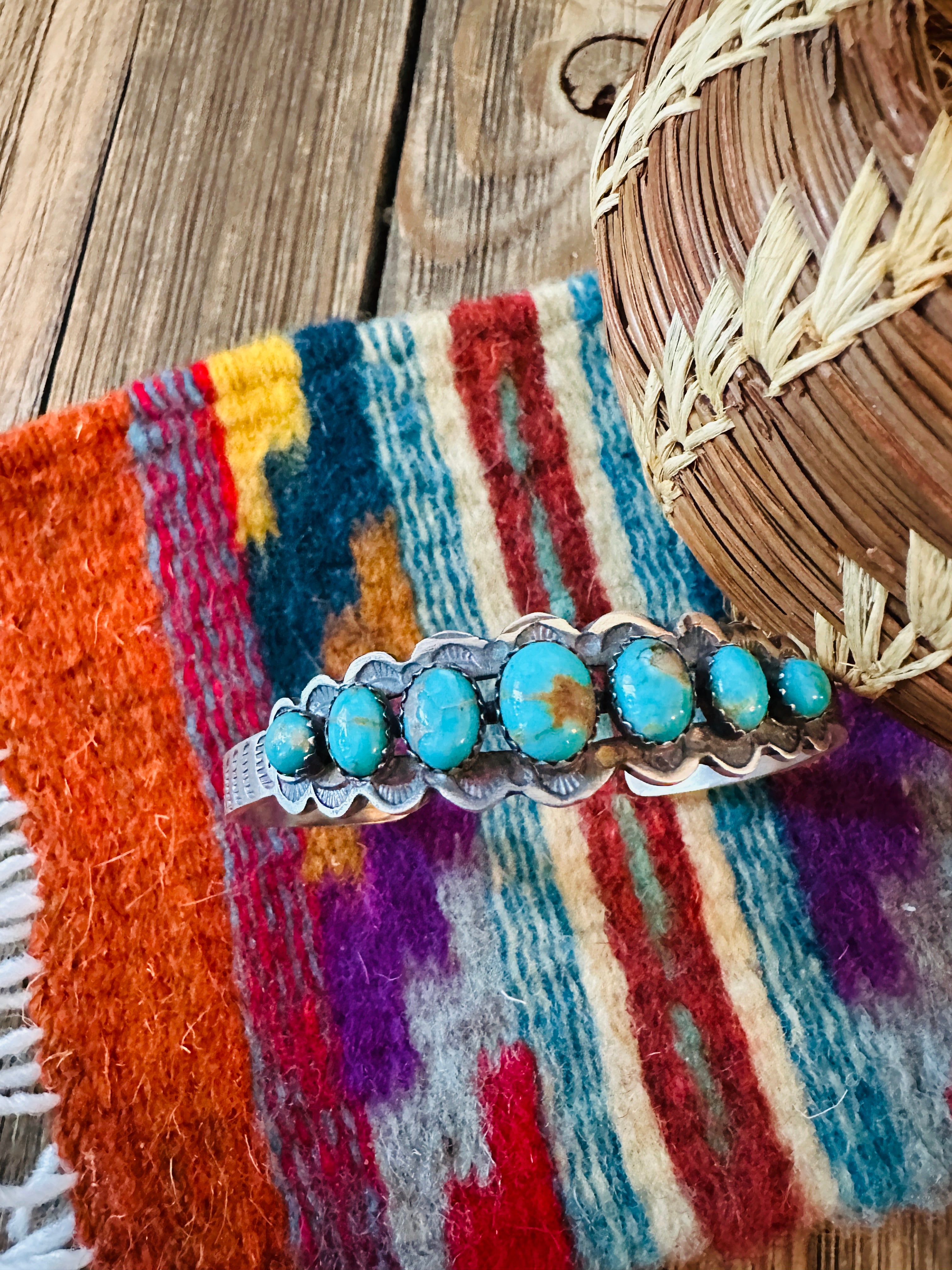 Handcrafted Sterling Silver & Turquoise Cuff Bracelet by Russell Sam