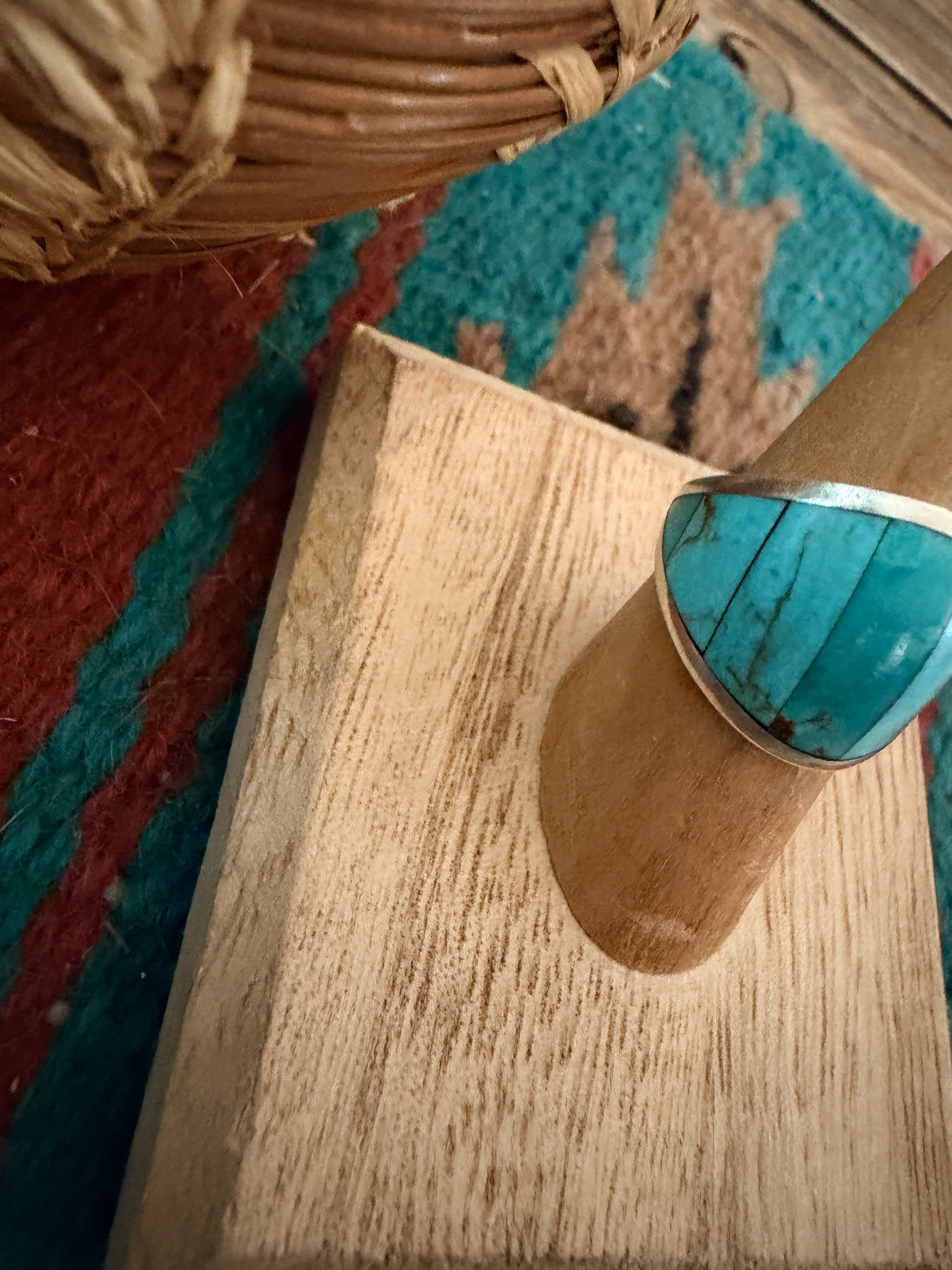 Old Pawn Handcrafted Turquoise & Sterling Silver Inlay Ring Size 6