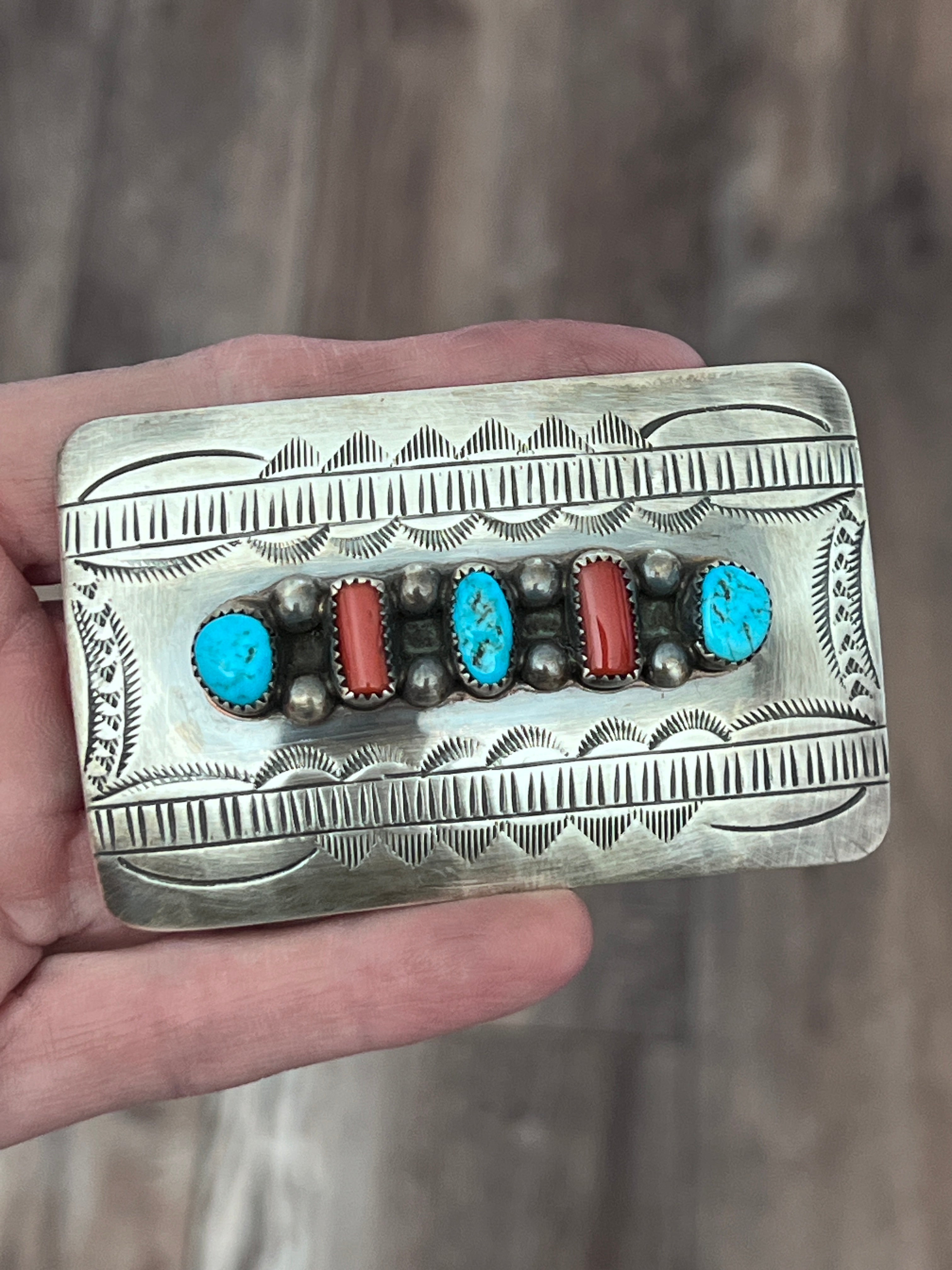 Old Pawn Sterling Silver, Kingman Turquoise & Mediterranean Coral Belt Buckle by Wilbert Meyers