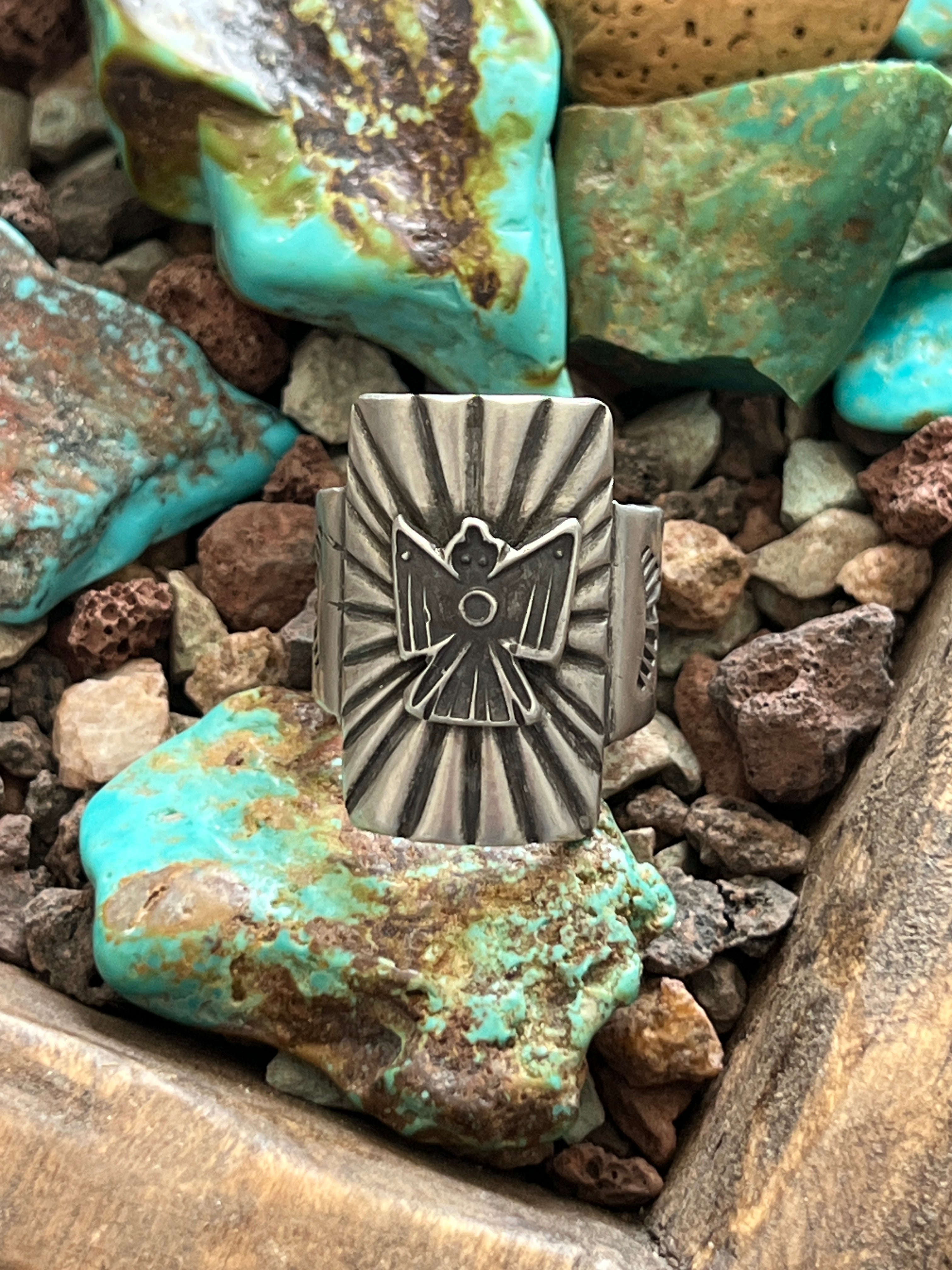 Falcon Trading Company Ingot Sterling Silver Thunderbird Ring by Joe O’Neill, Size 11.5