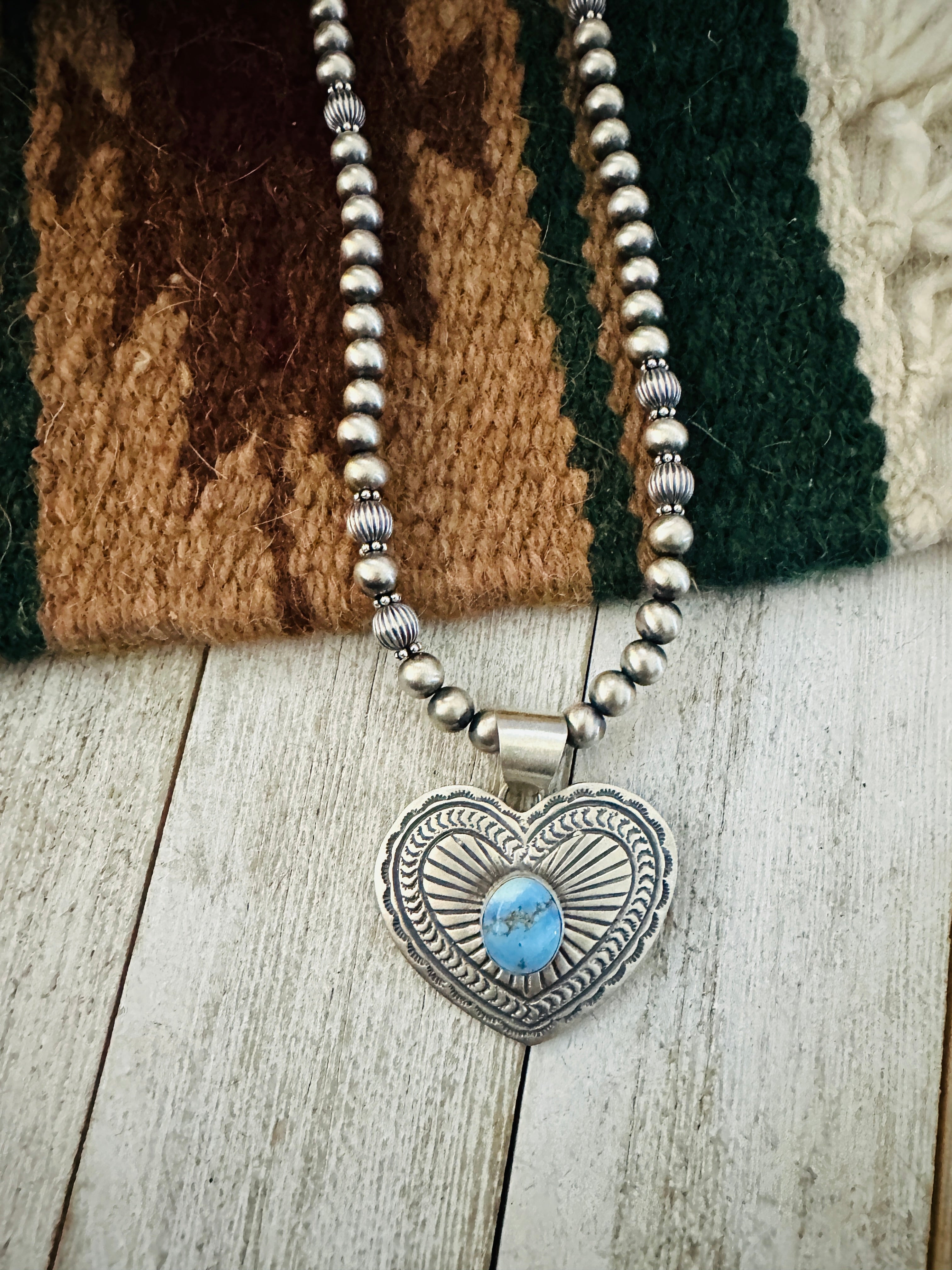 Navajo Golden Hills Turquoise & Sterling Silver Beaded Heart Necklace