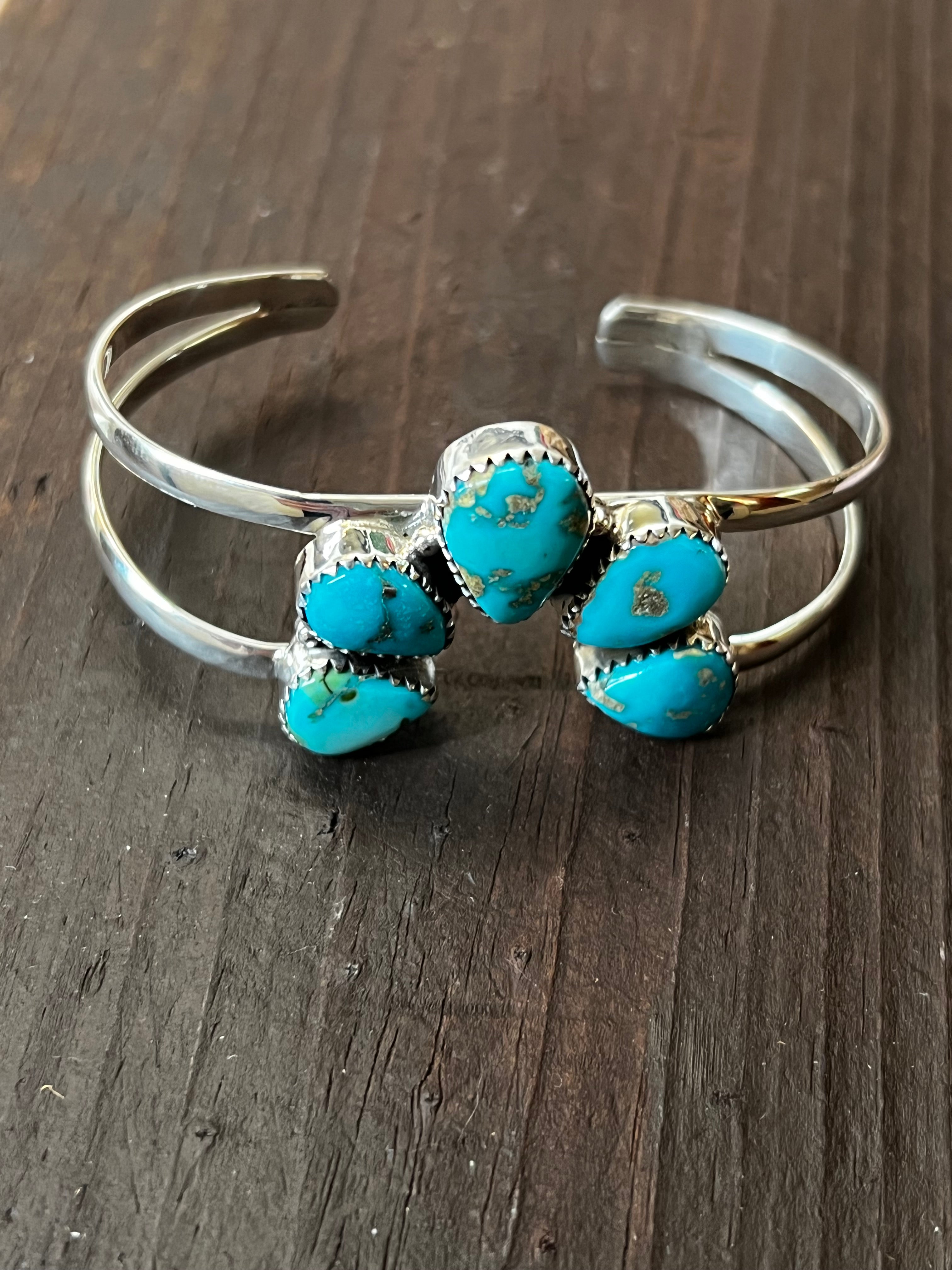 Handmade South Hill Turquoise Cluster & Sterling Silver Cuff Bracelet