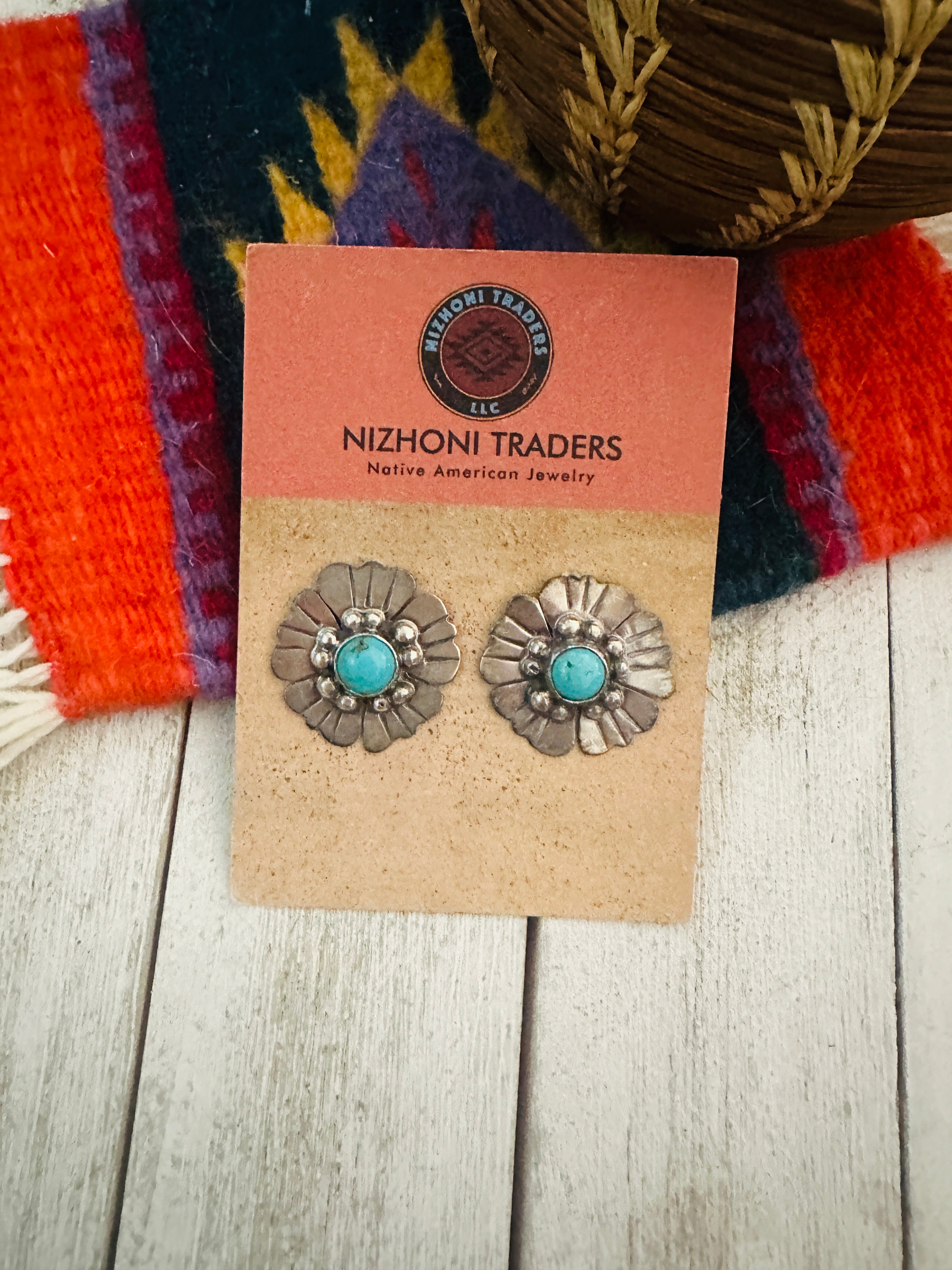 Navajo Turquoise and Sterling Silver Flower Post Earrings