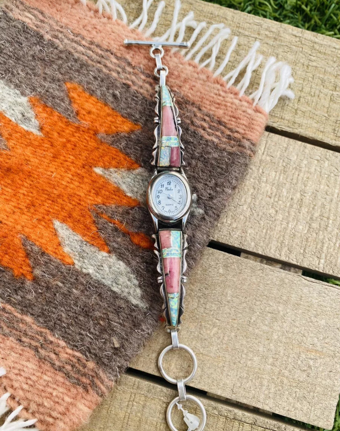 Old Pawn Vintage Navajo Pink Coral, Opal & Sterling Silver Inlay Watch