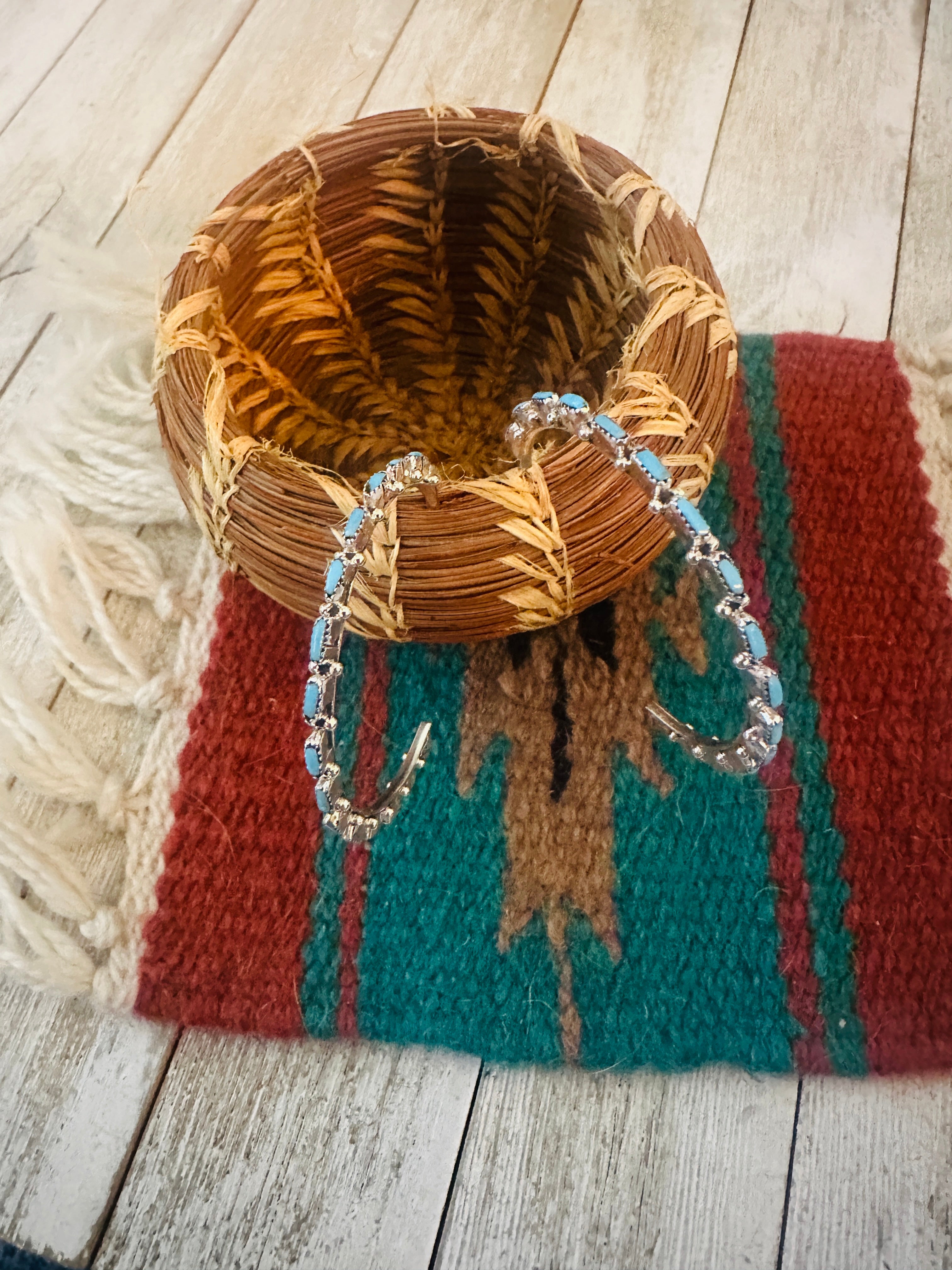 Handcrafted Turquoise & Sterling Silver Needlepoint Hoop Earrings