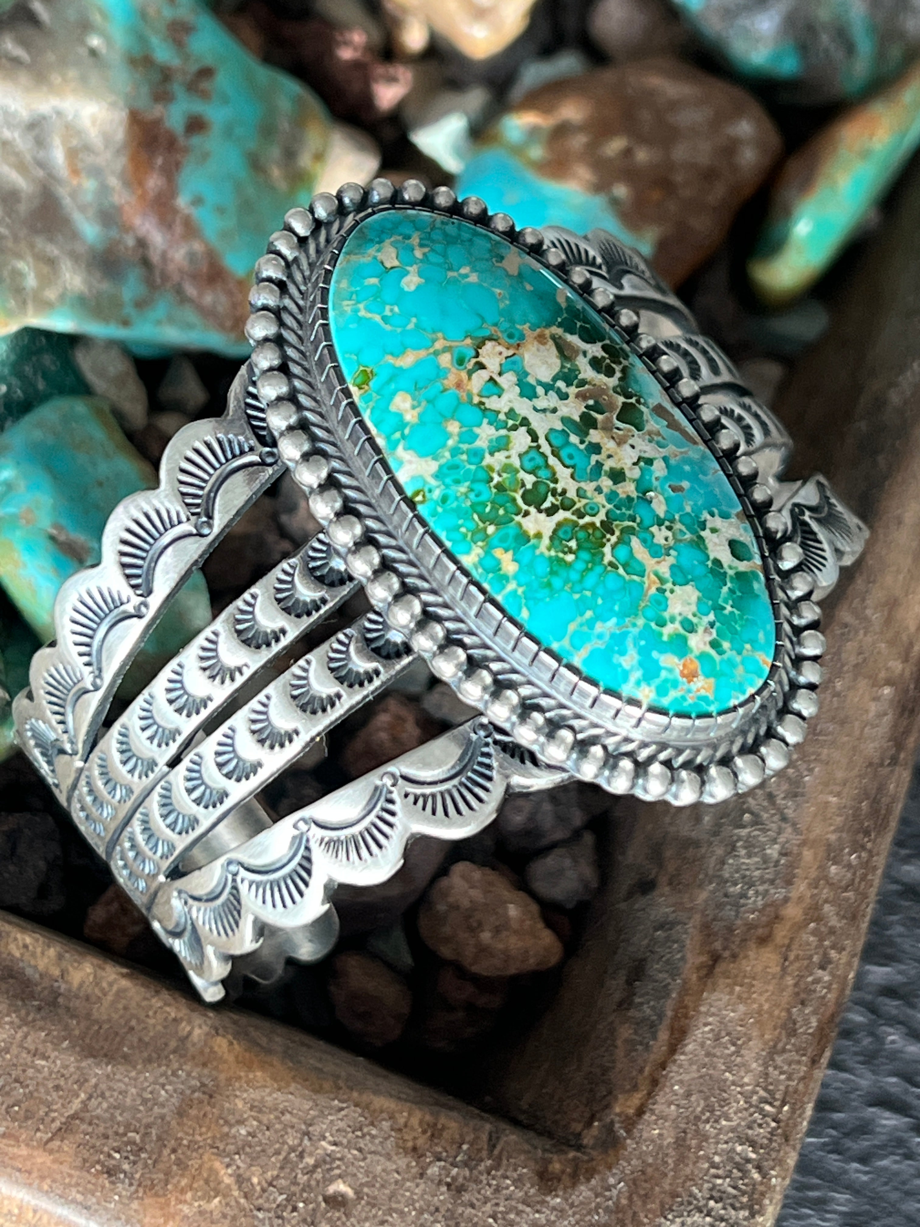 Handcrafted and Hand Stamped Sterling Silver and Royston Turquoise Cuff Bracelet by Diane Wylie