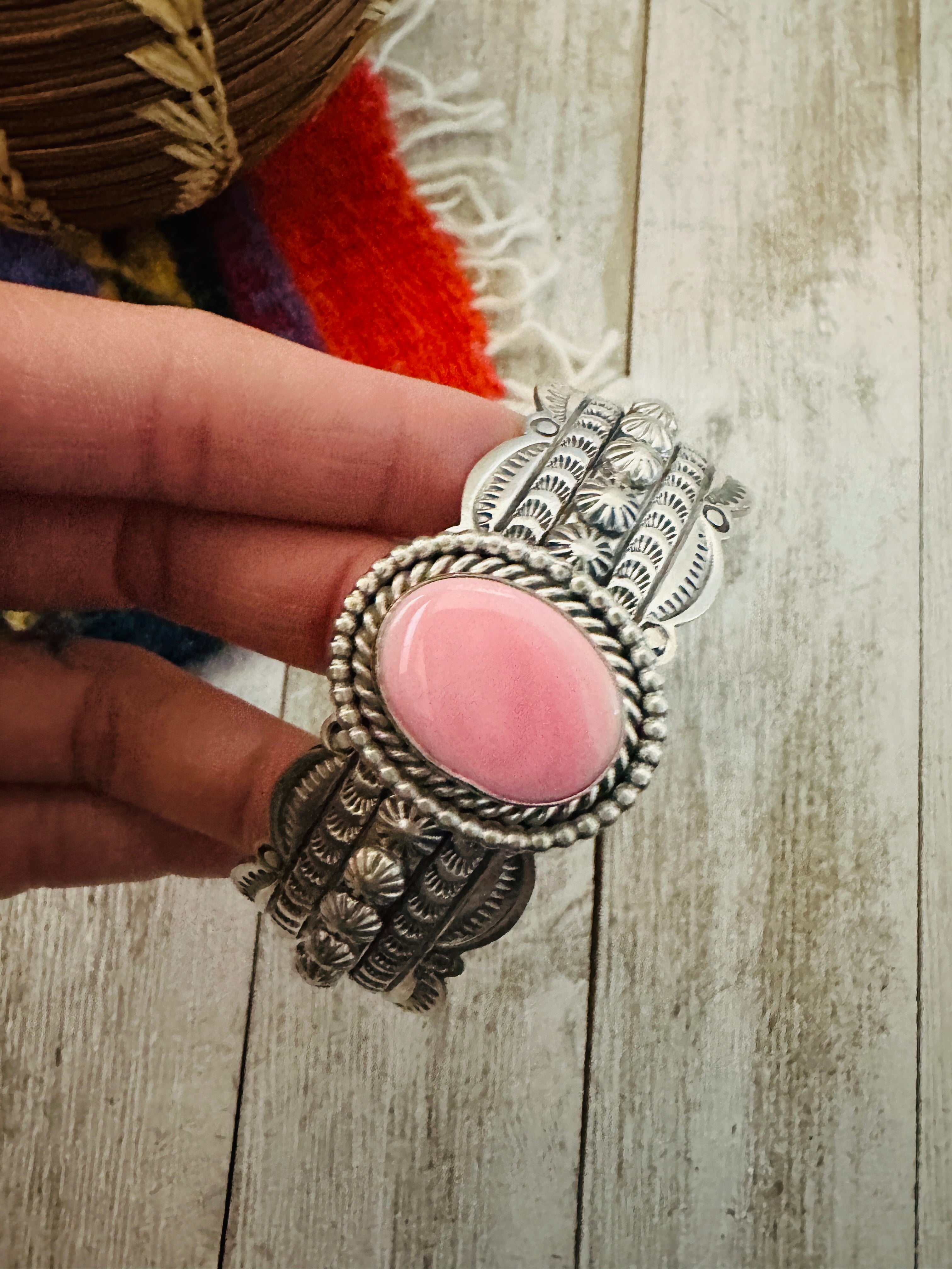 Navajo Queen Pink Conch Shell & Sterling Silver Cuff Bracelet