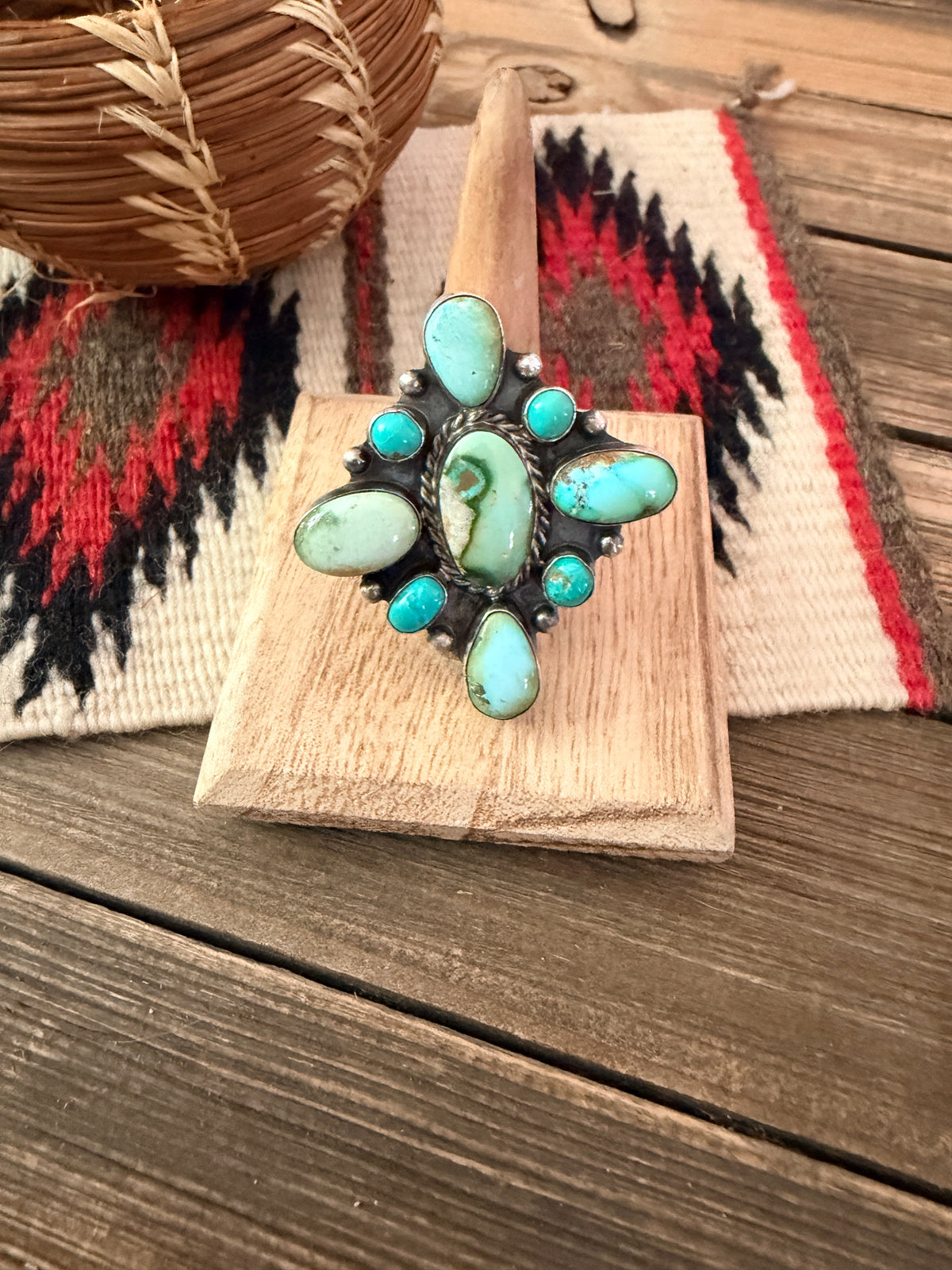 Handcrafted Turquoise & Sterling Silver Cluster Adjustable Ring