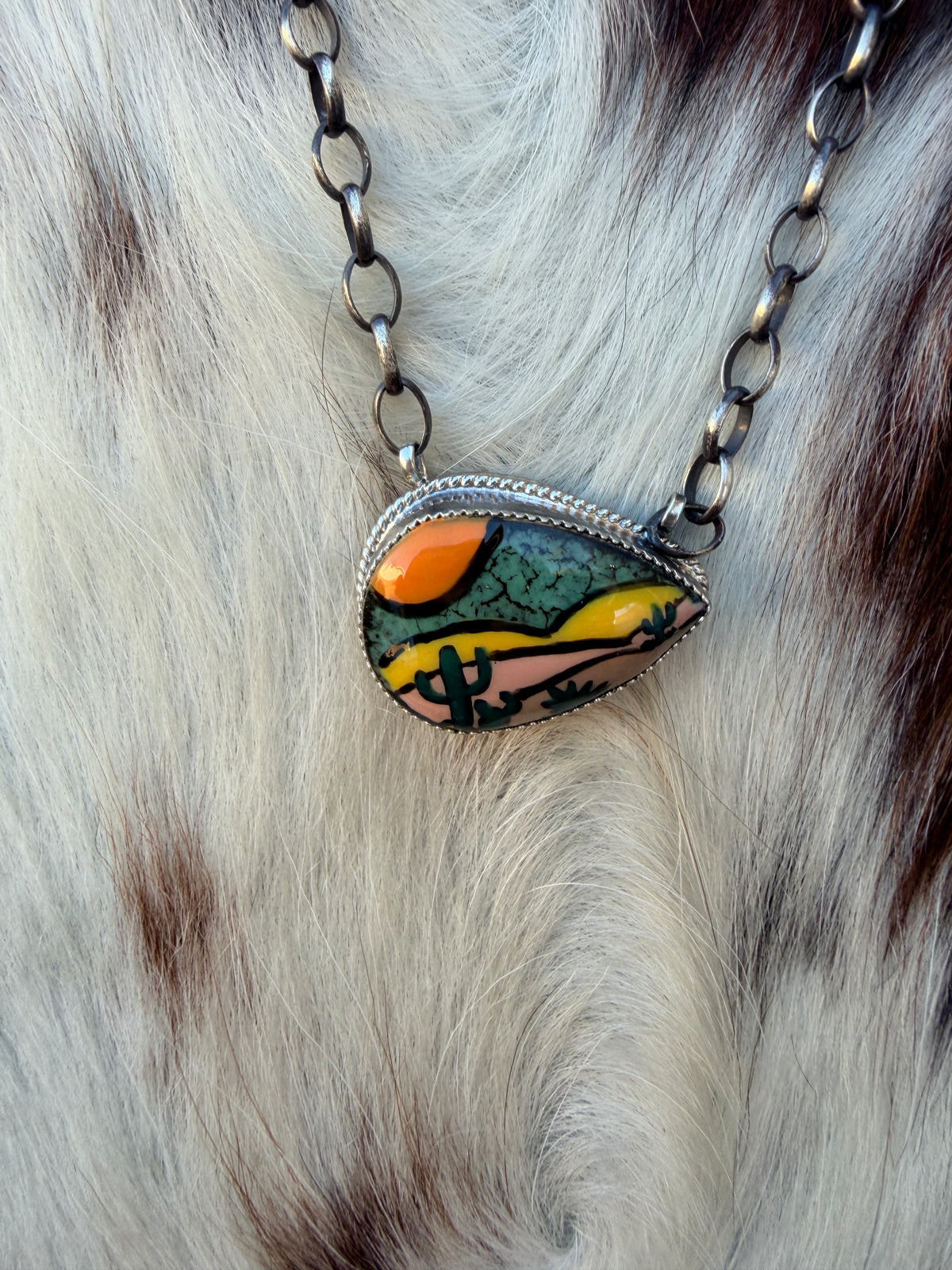Handmade Sterling Silver & Jasper Painted Cactus Necklace
