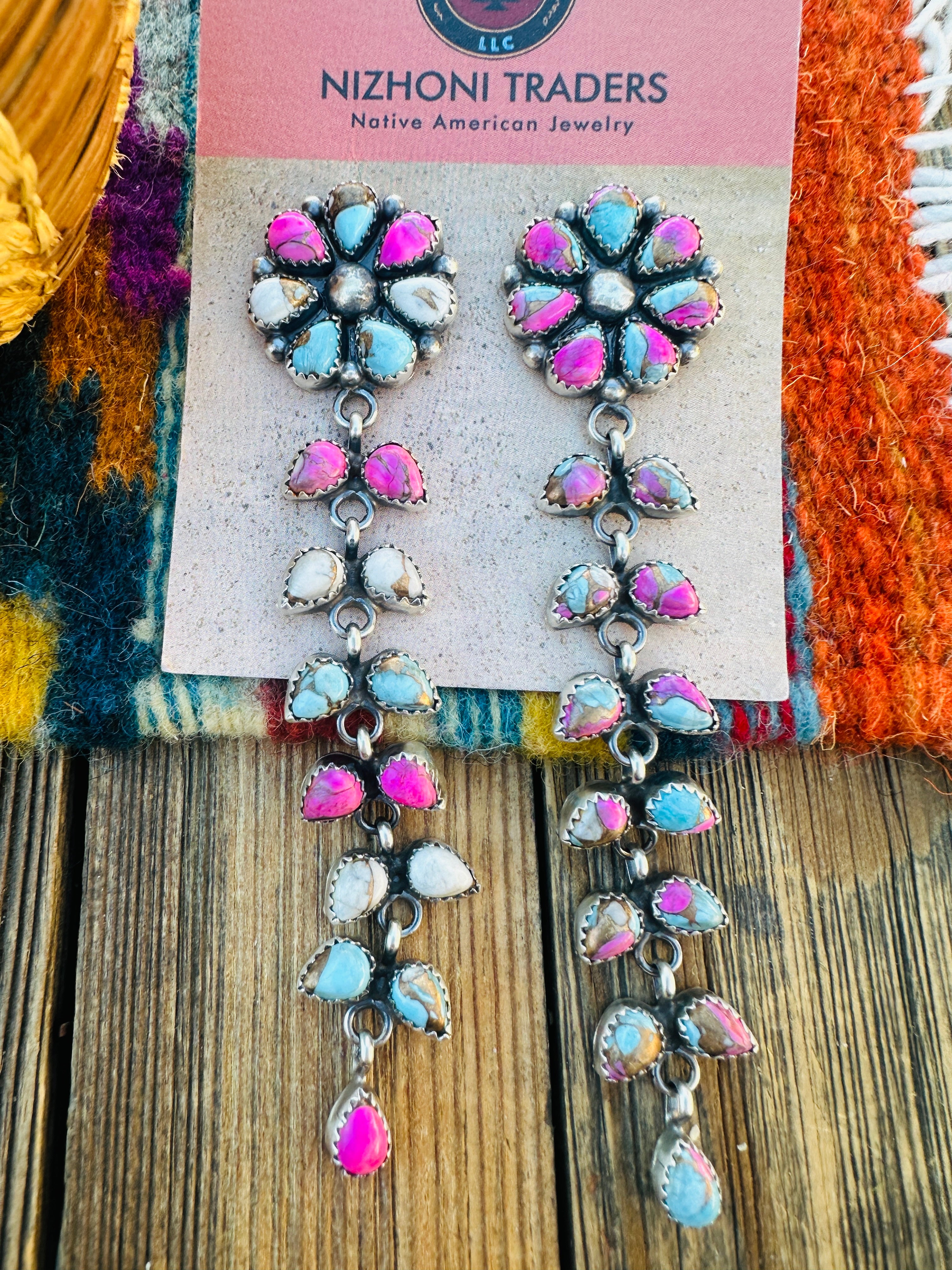 Handcrafted Cotton Candy & Sterling Silver Cluster Dangle Earrings by Pearlene Spencer