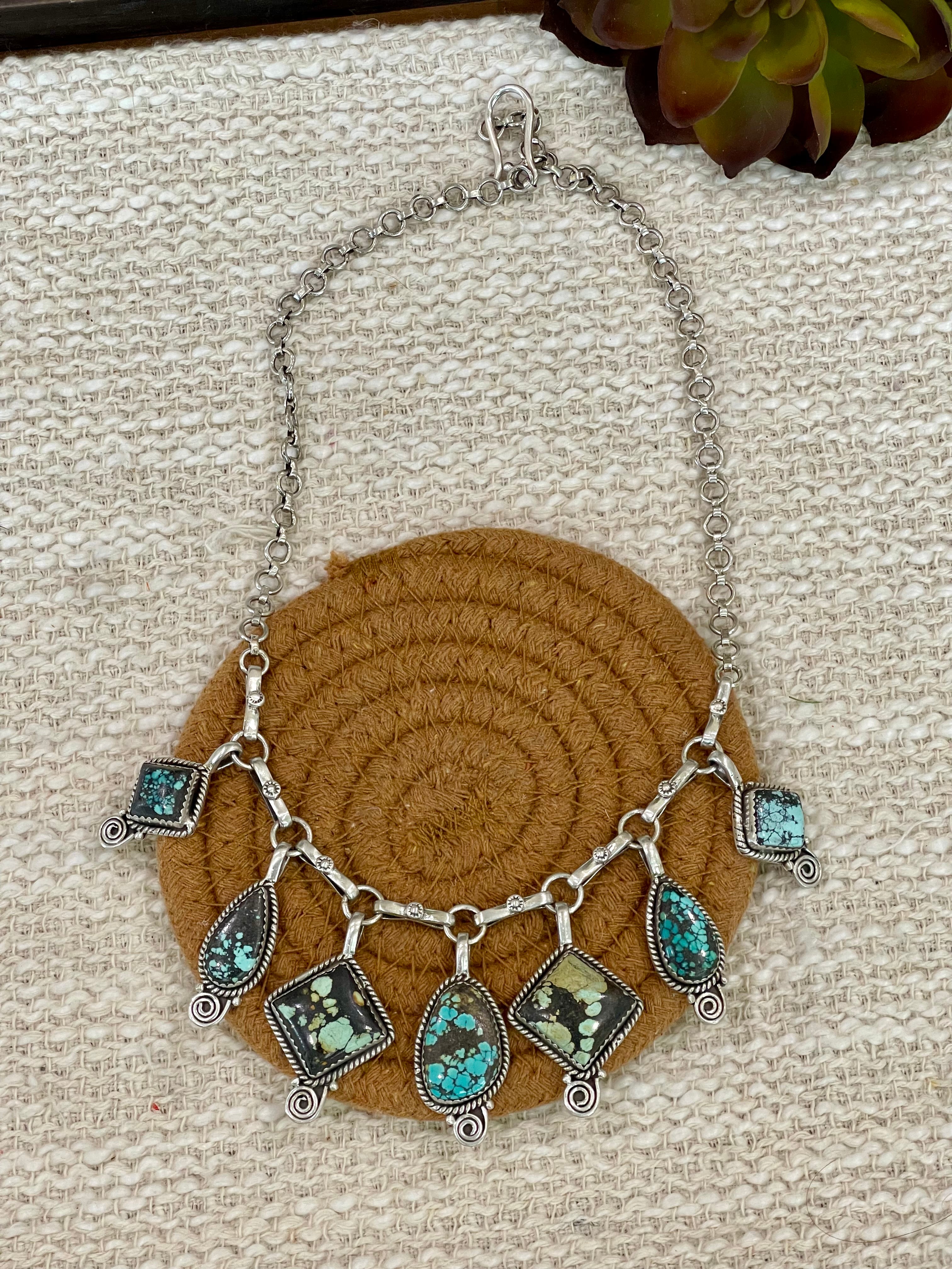 Handmade Sterling Silver Number 8 Turquoise Necklace with Signed Nizhoni