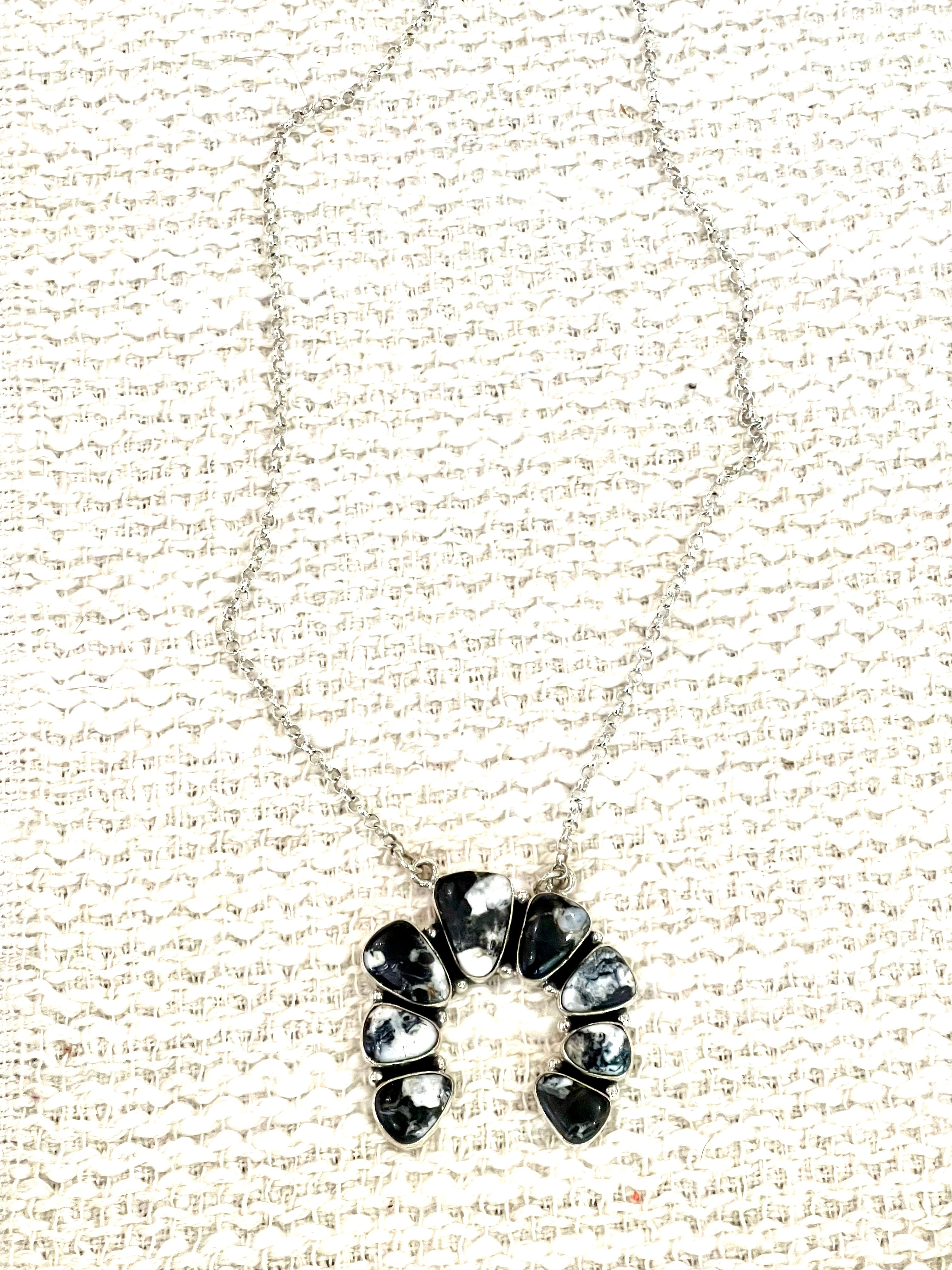 Handmade Sterling Silver, White Buffalo Cluster Naja Necklace Signed Nizhoni