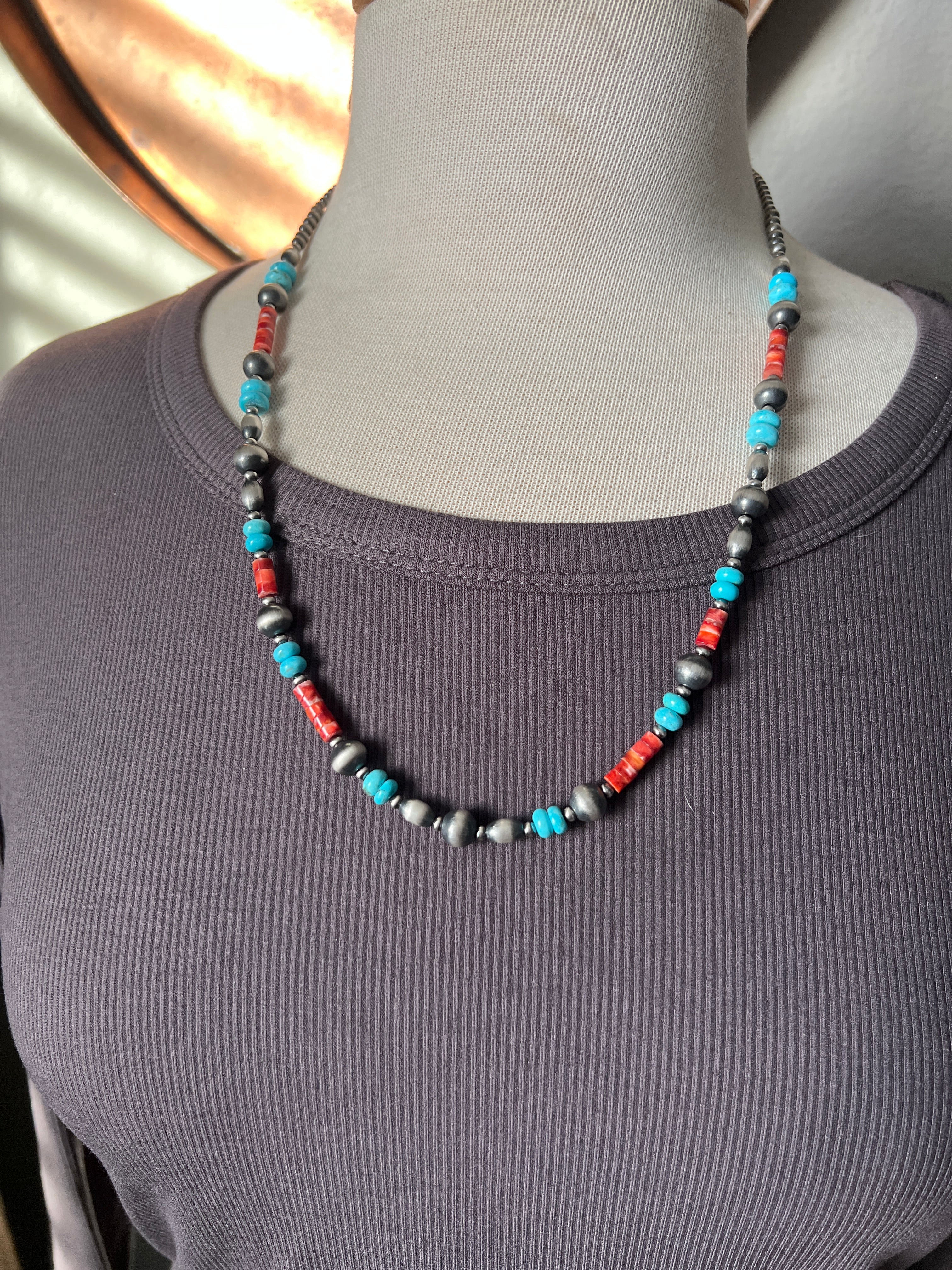 Bohemian Bliss Beaded Layering Necklace with Sterling Silver, Spiny Oyster Shell and Turquoise, 24” + 1.5”