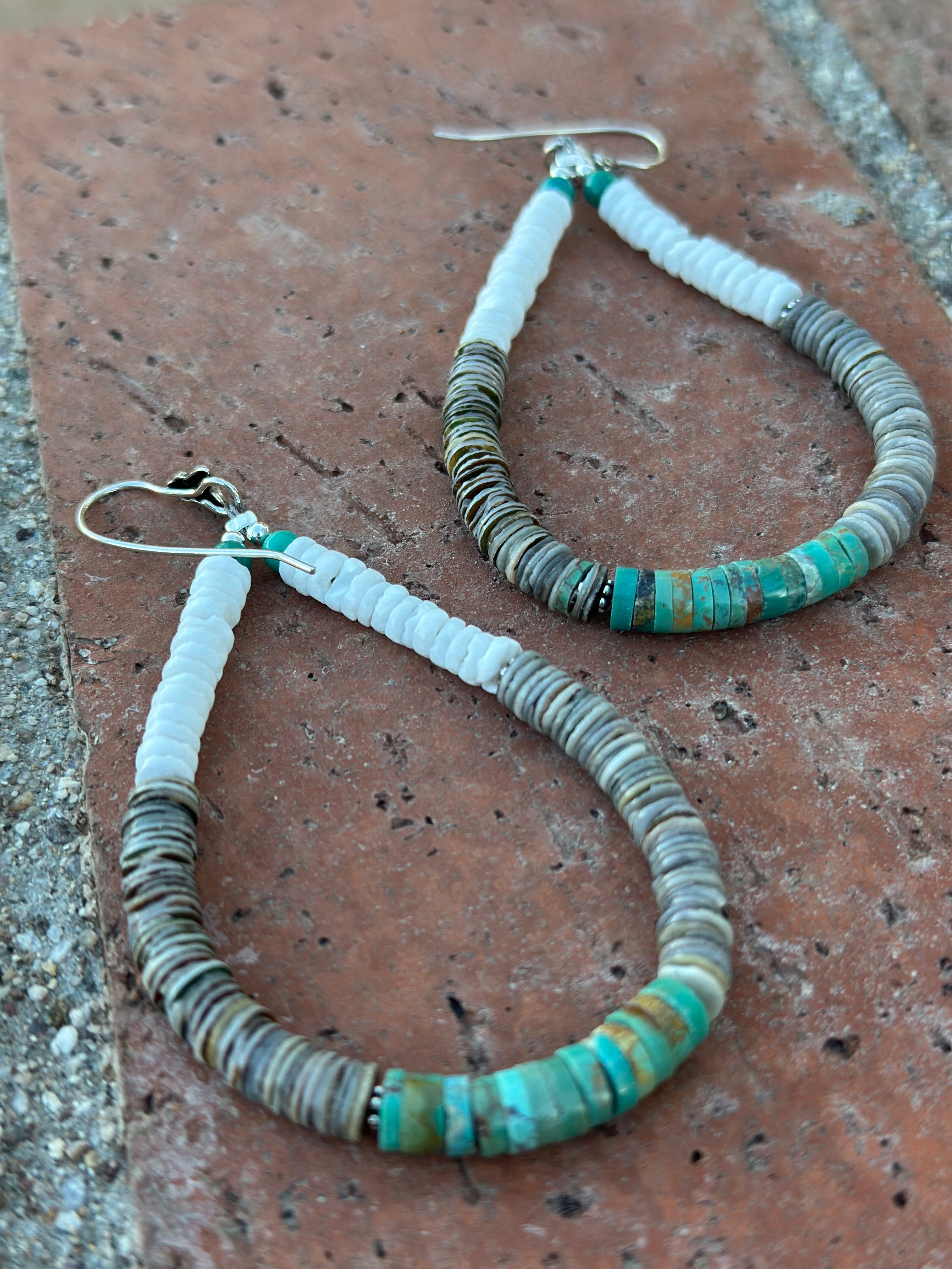 Handmade Turquoise & Heishi Beaded Hoop Earrings 4”