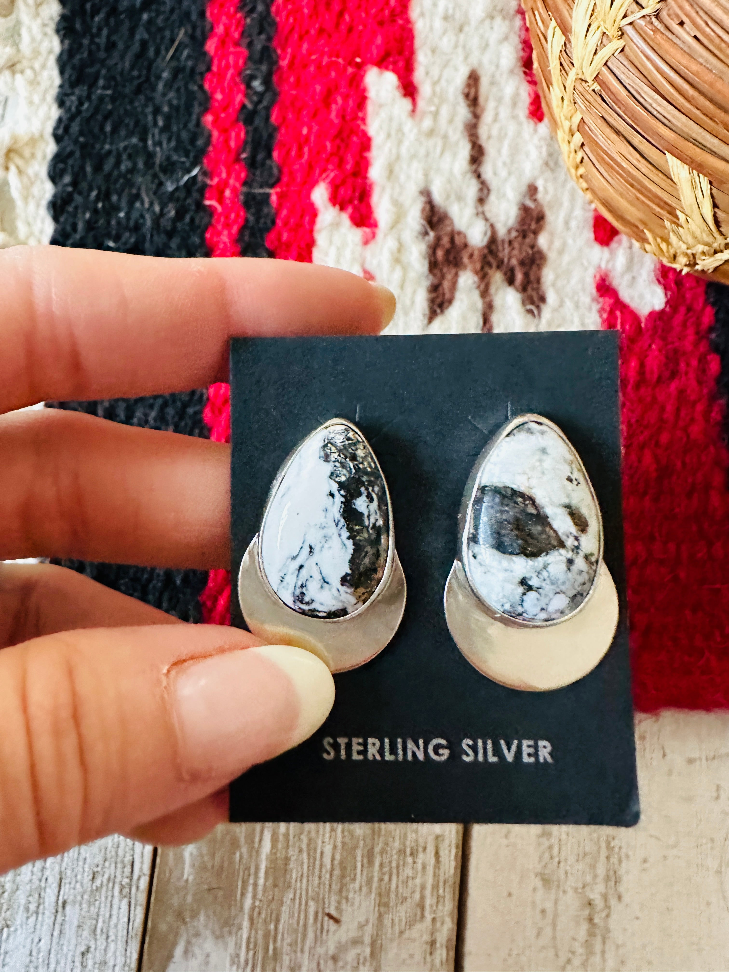 Navajo White Buffalo & Sterling Silver Post Earrings