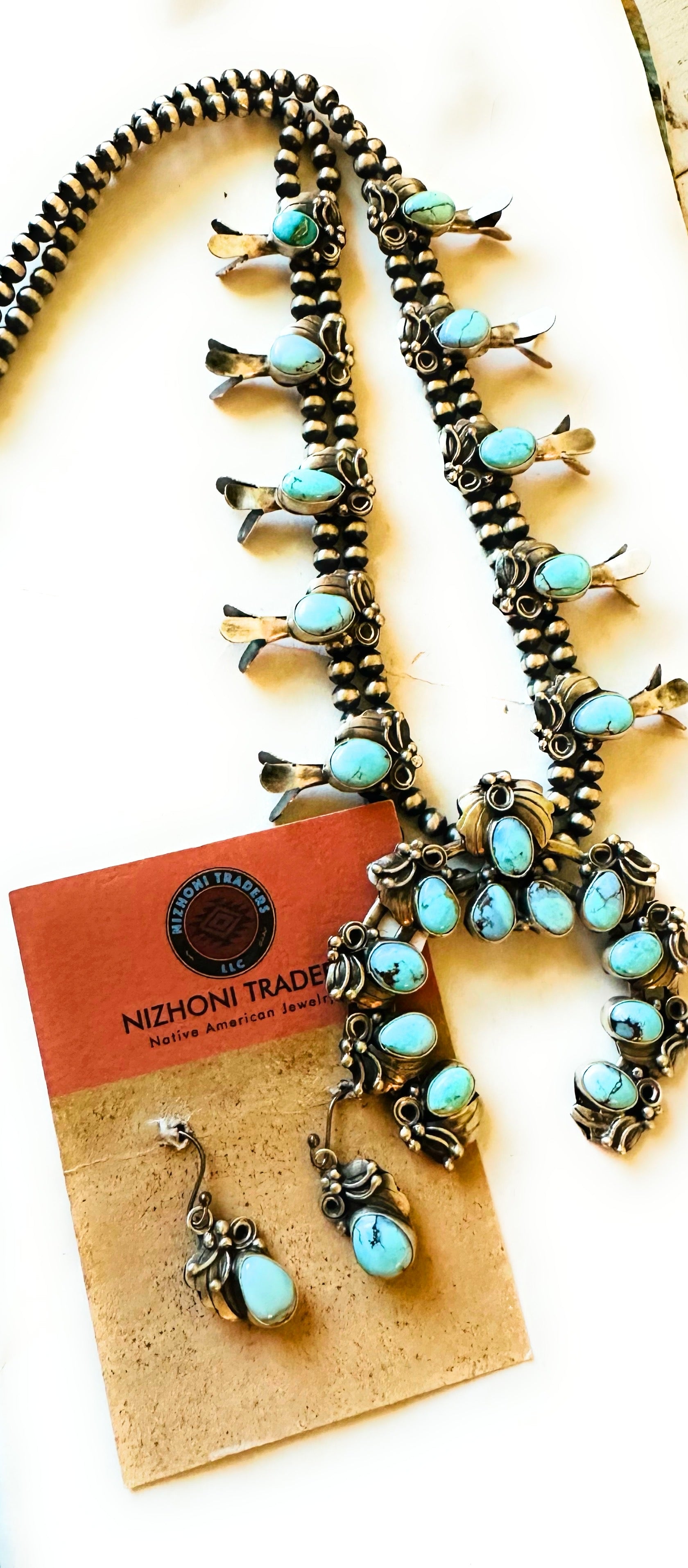 Navajo Golden Hills Turquoise & Sterling Silver Squash Blossom Necklace Set