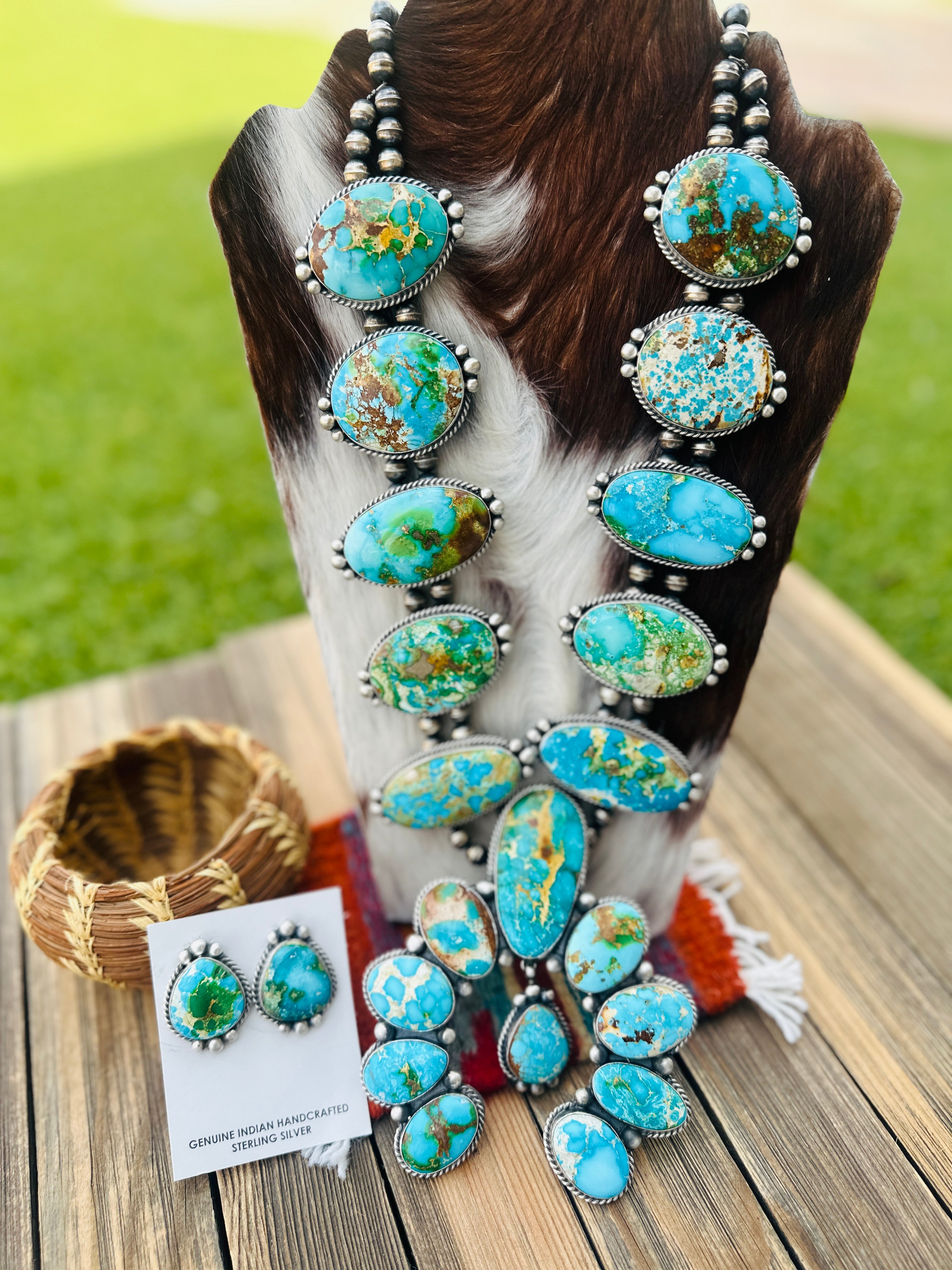 Handcrafted Sonoran Mountain Turquoise & Sterling Silver Squash Blossom Necklace and Earring Set