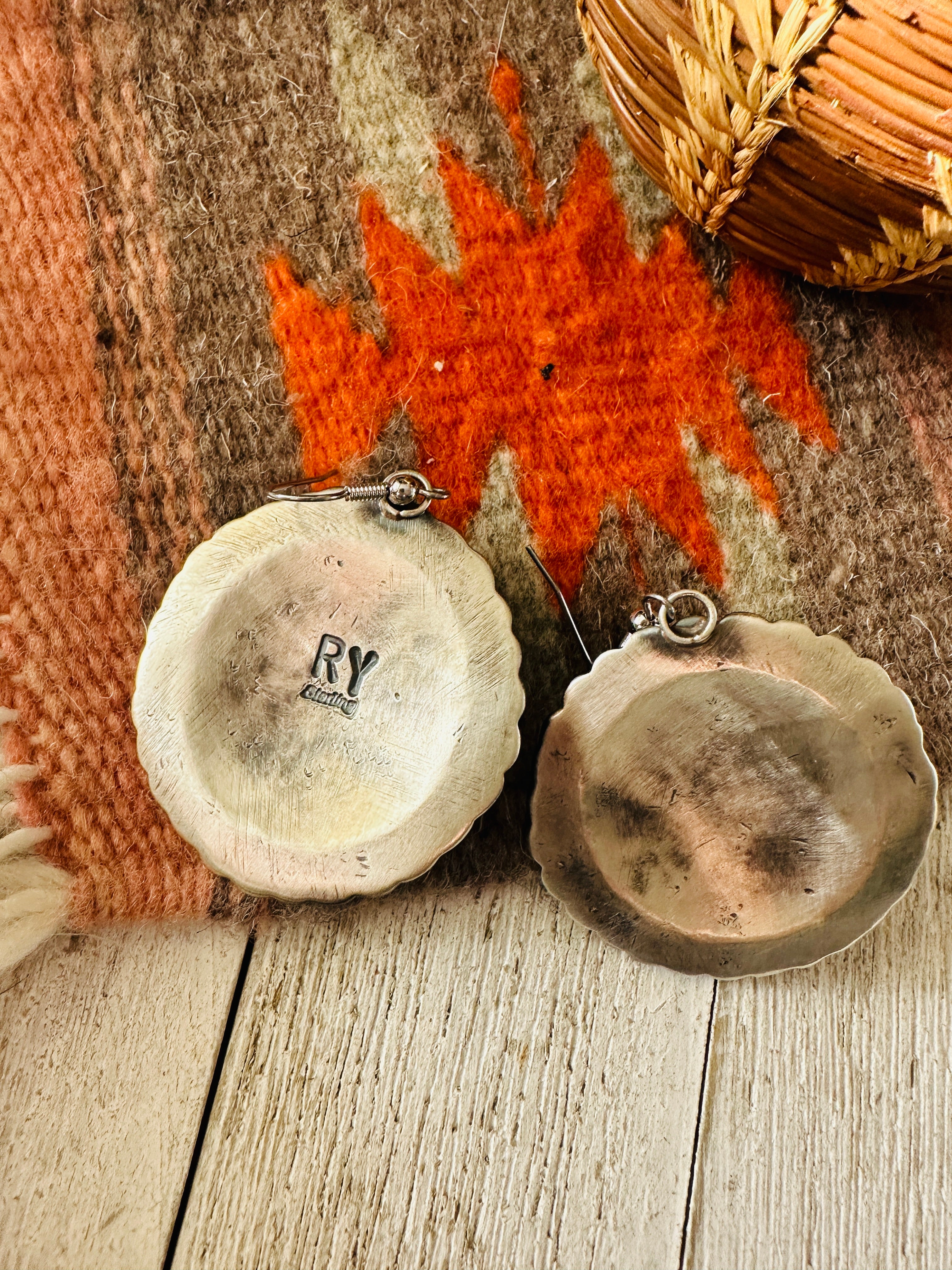 Navajo Orange Spiny and Sterling Silver Concho Dangle Earrings