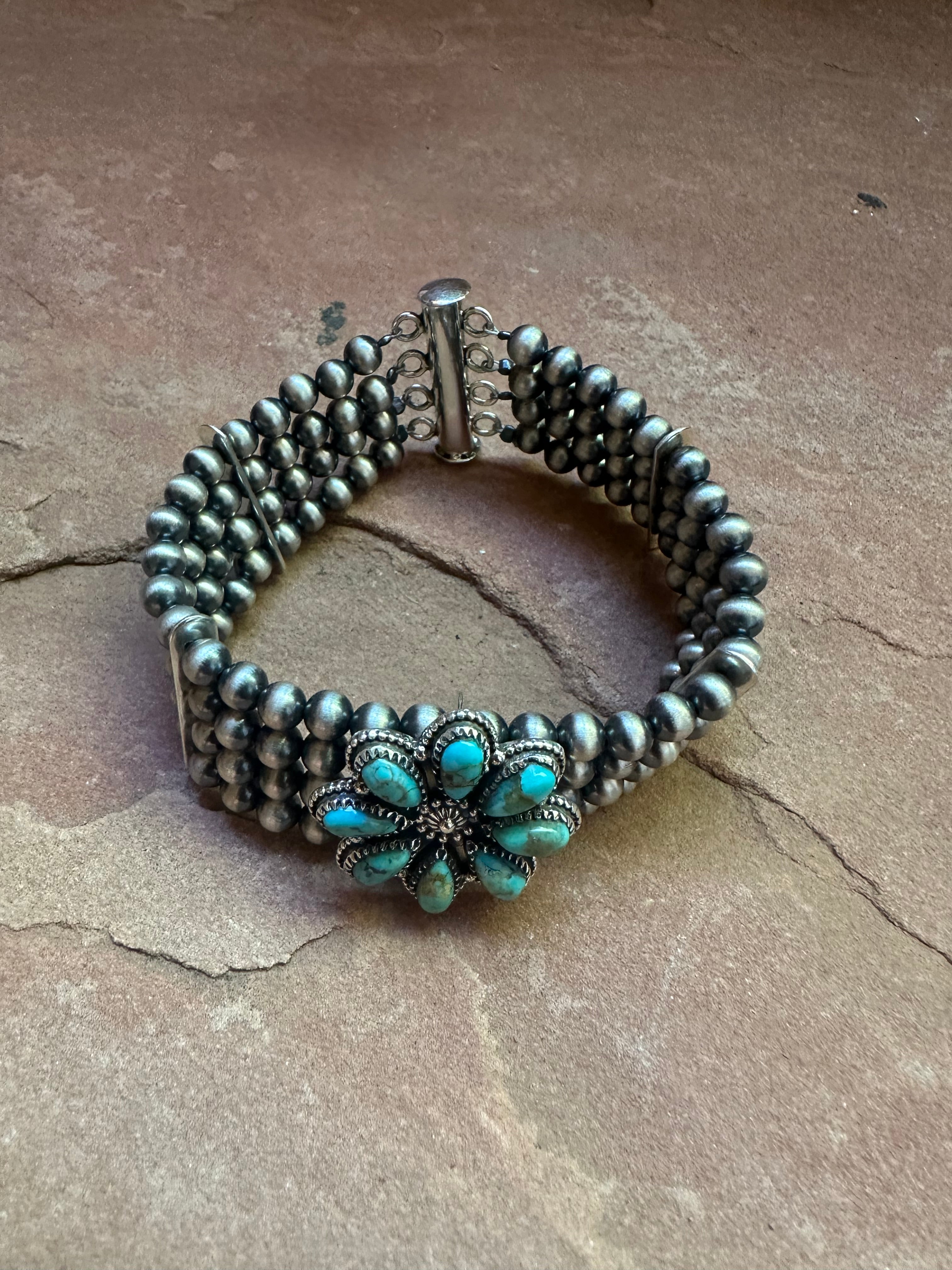 Handmade Sterling Silver & Turquoise Beaded Navajo Pearl Style Bracelet