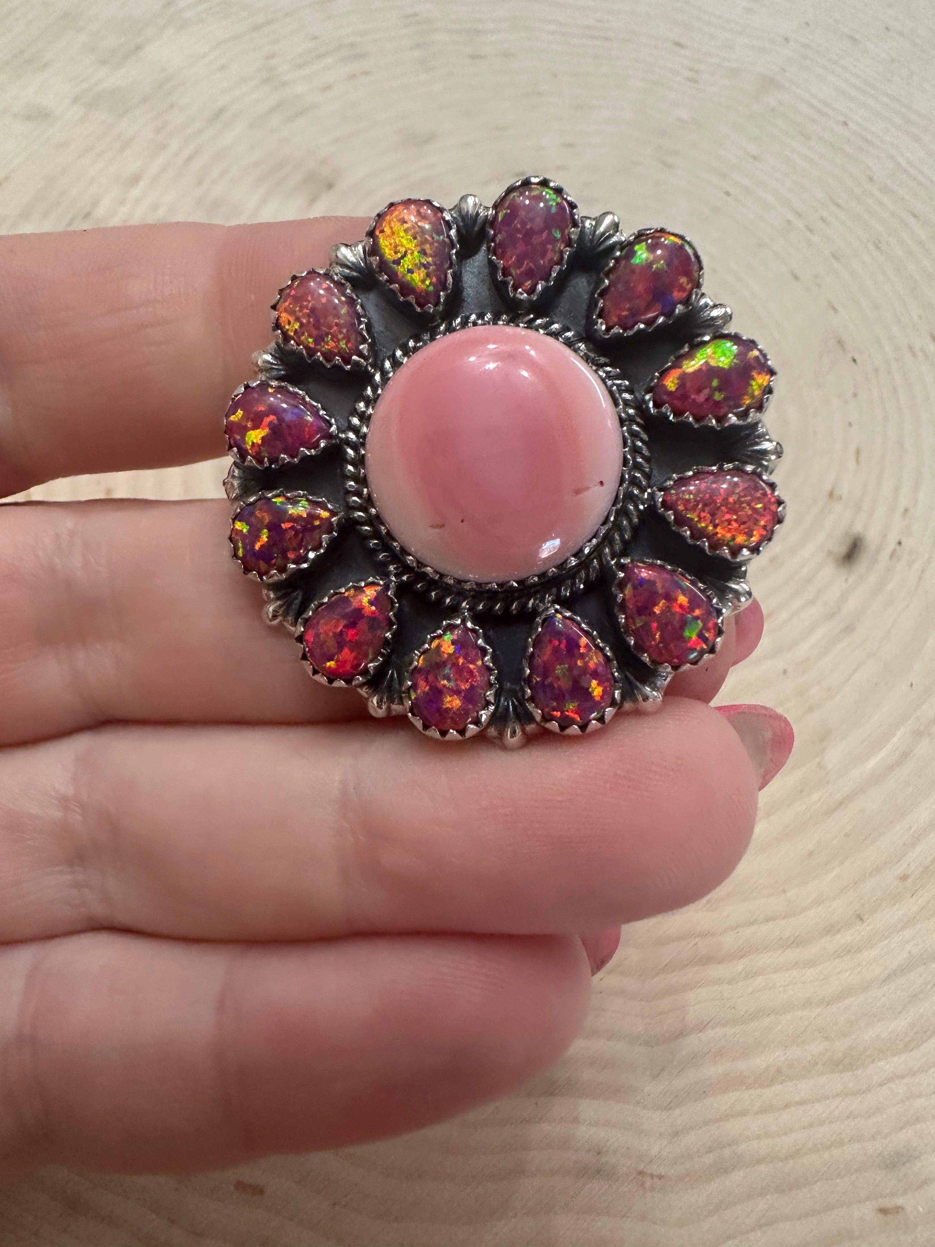 Handmade Pink Conch, Dark Pink Fire Opal And Sterling Silver Adjustable Ring Signed Nizhoni