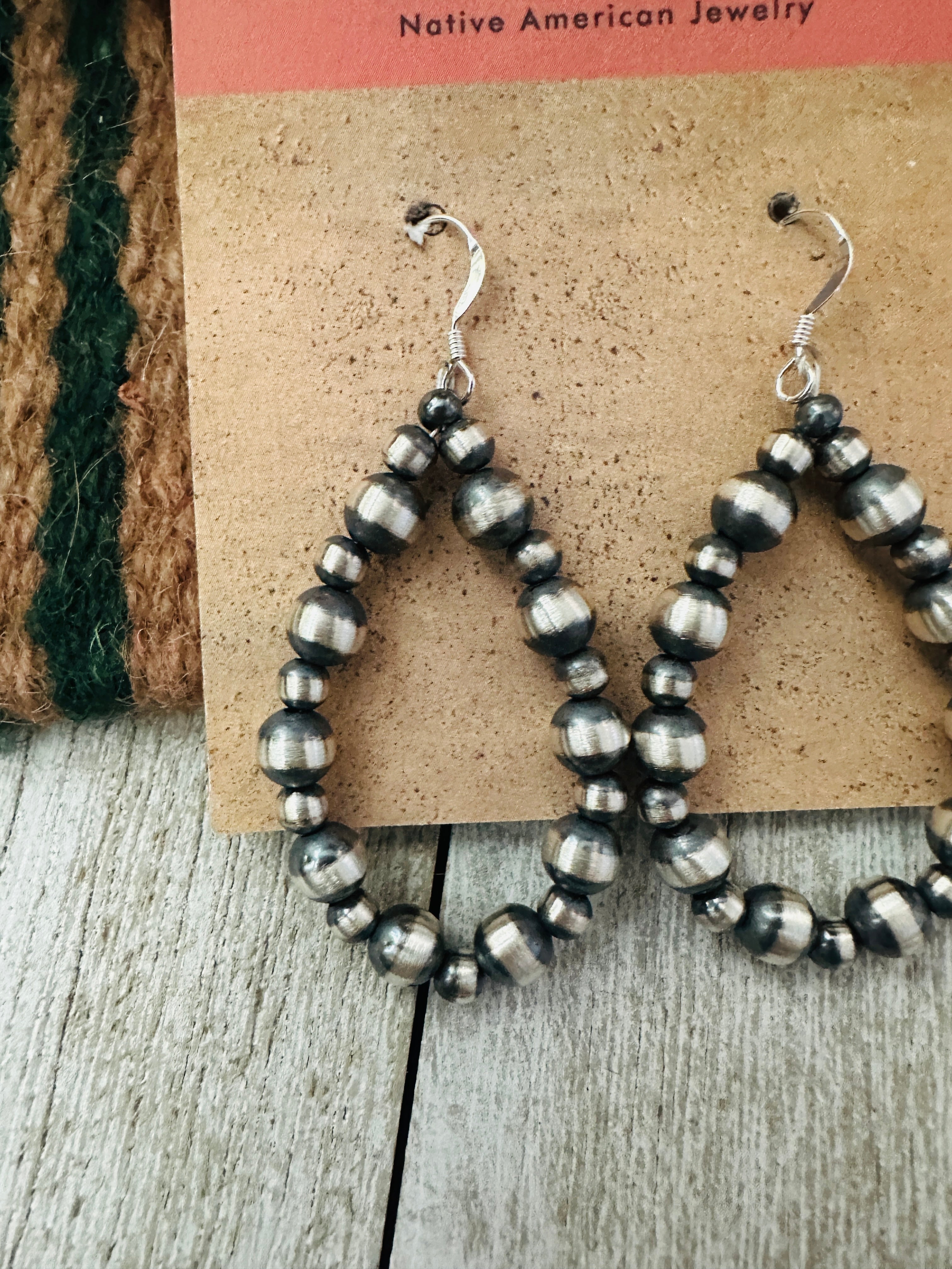 Navajo Sterling Silver Pearl Beaded Dangle Hoop Earrings