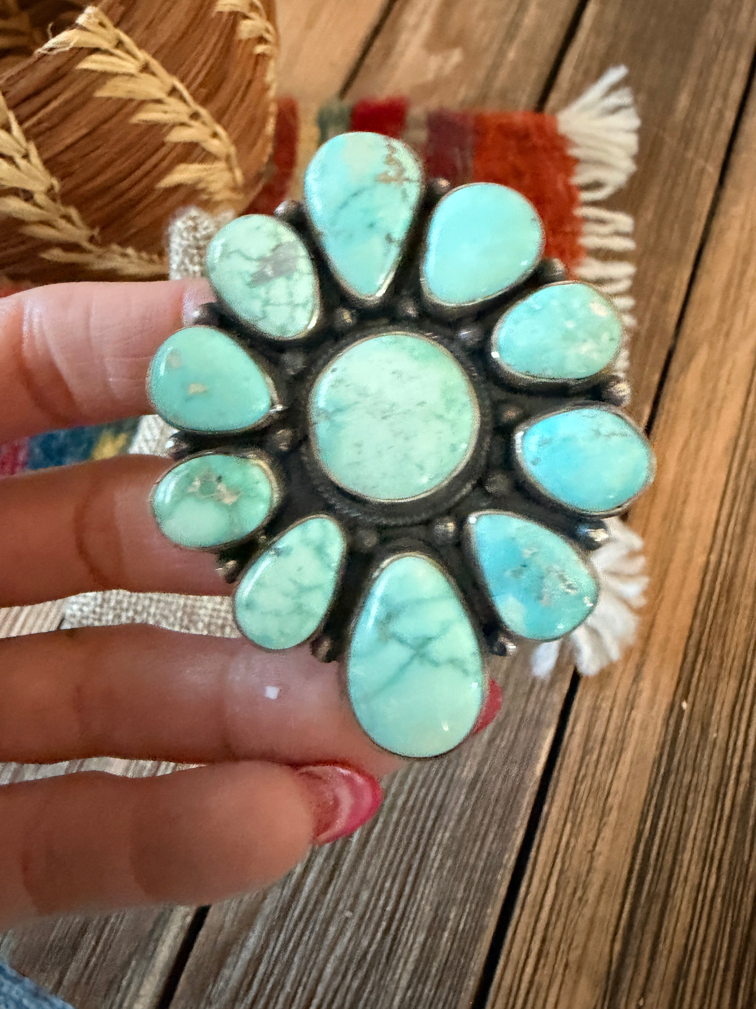 Handcrafted Carico Lake Turquoise & Sterling Silver Cluster Ring Size 8.75 by Sheila Becenti