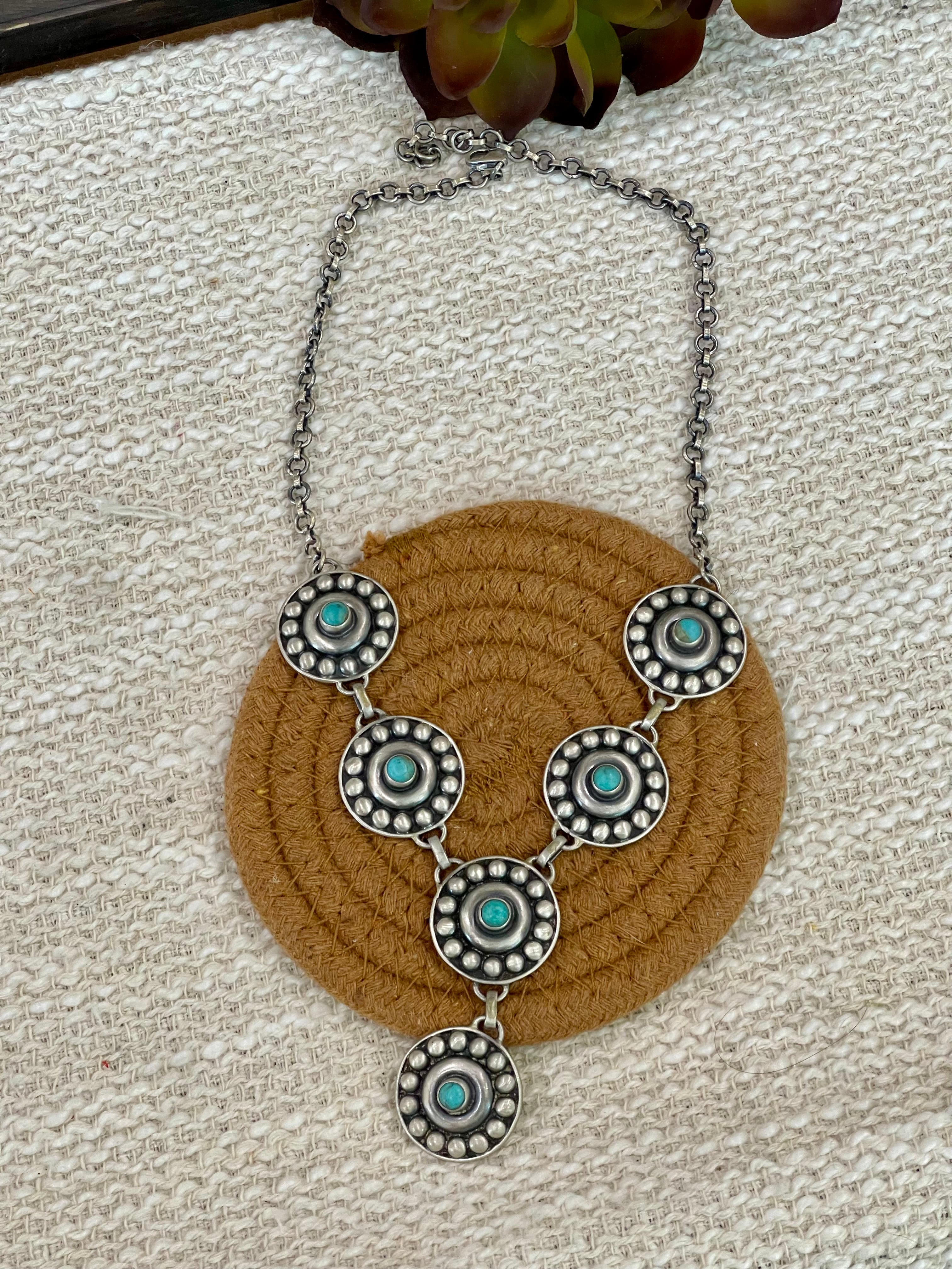 Handmade Sterling Silver Kingman Turquoise Necklace with Signed Nizhoni