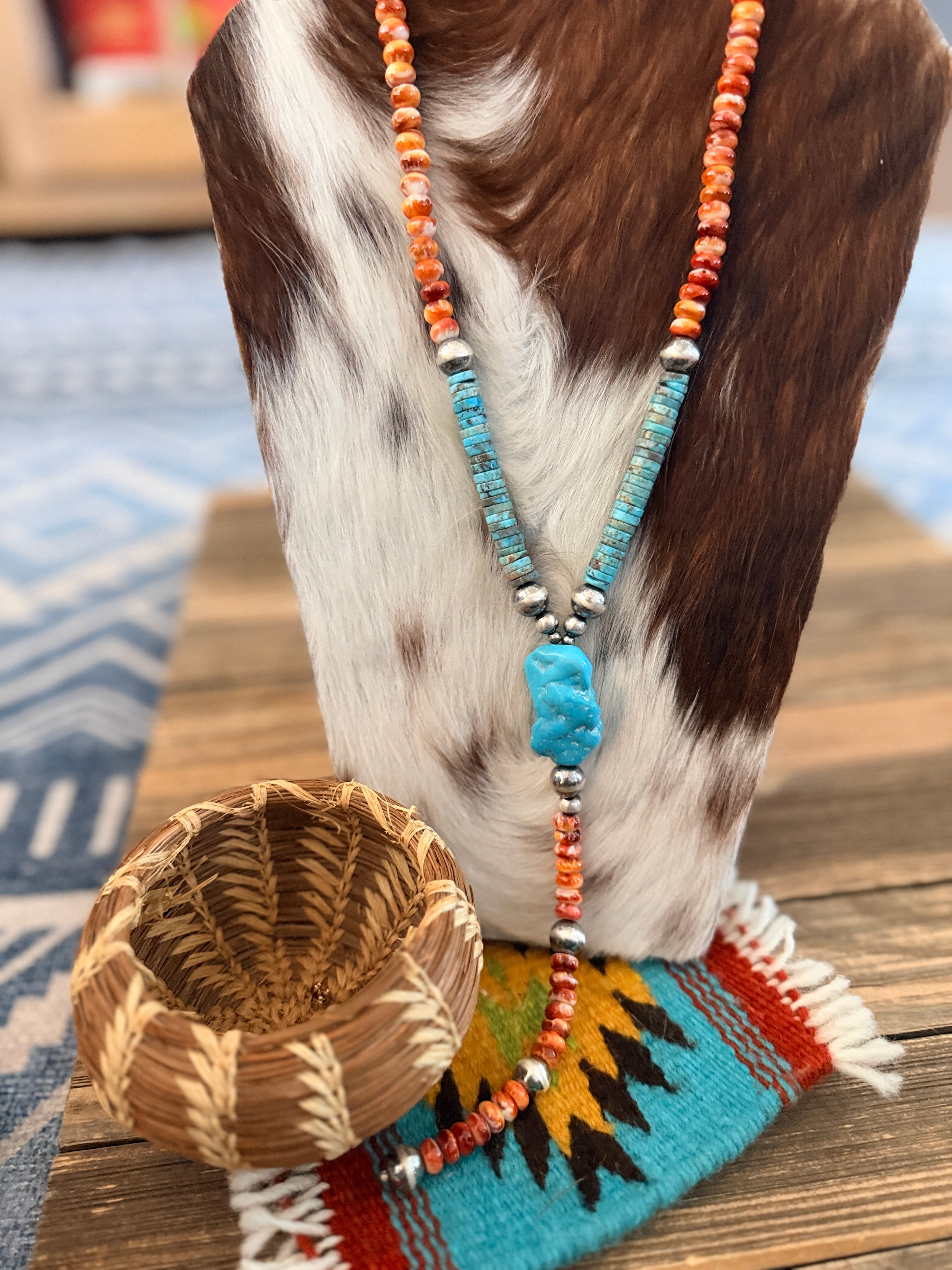 Handcrafted Spiny Oyster, Turquoise & Sterling Silver Beaded Lariat Necklace