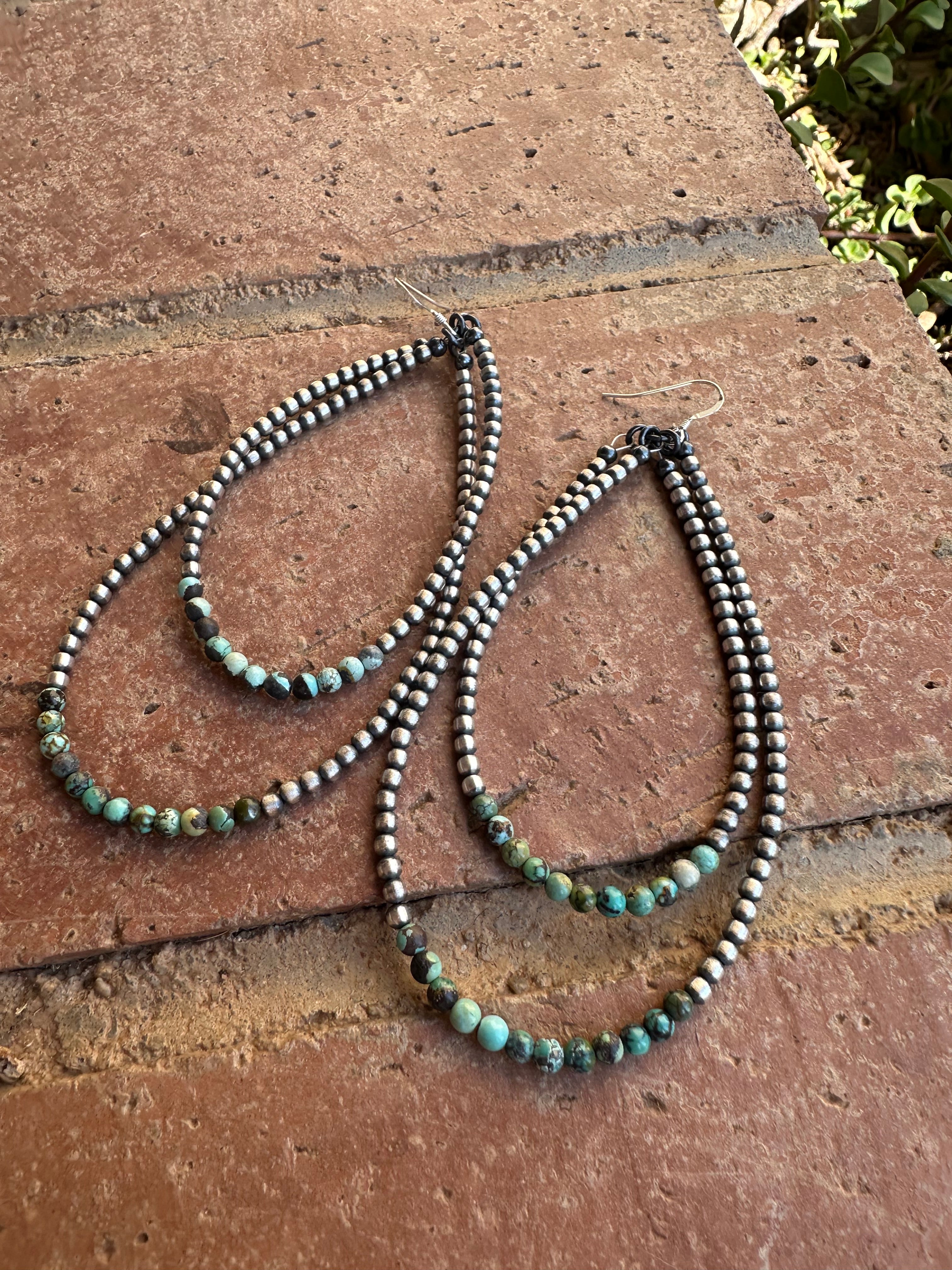 Navajo Turquoise & Sterling Silver Beaded Double Hoop Dangle Earrings