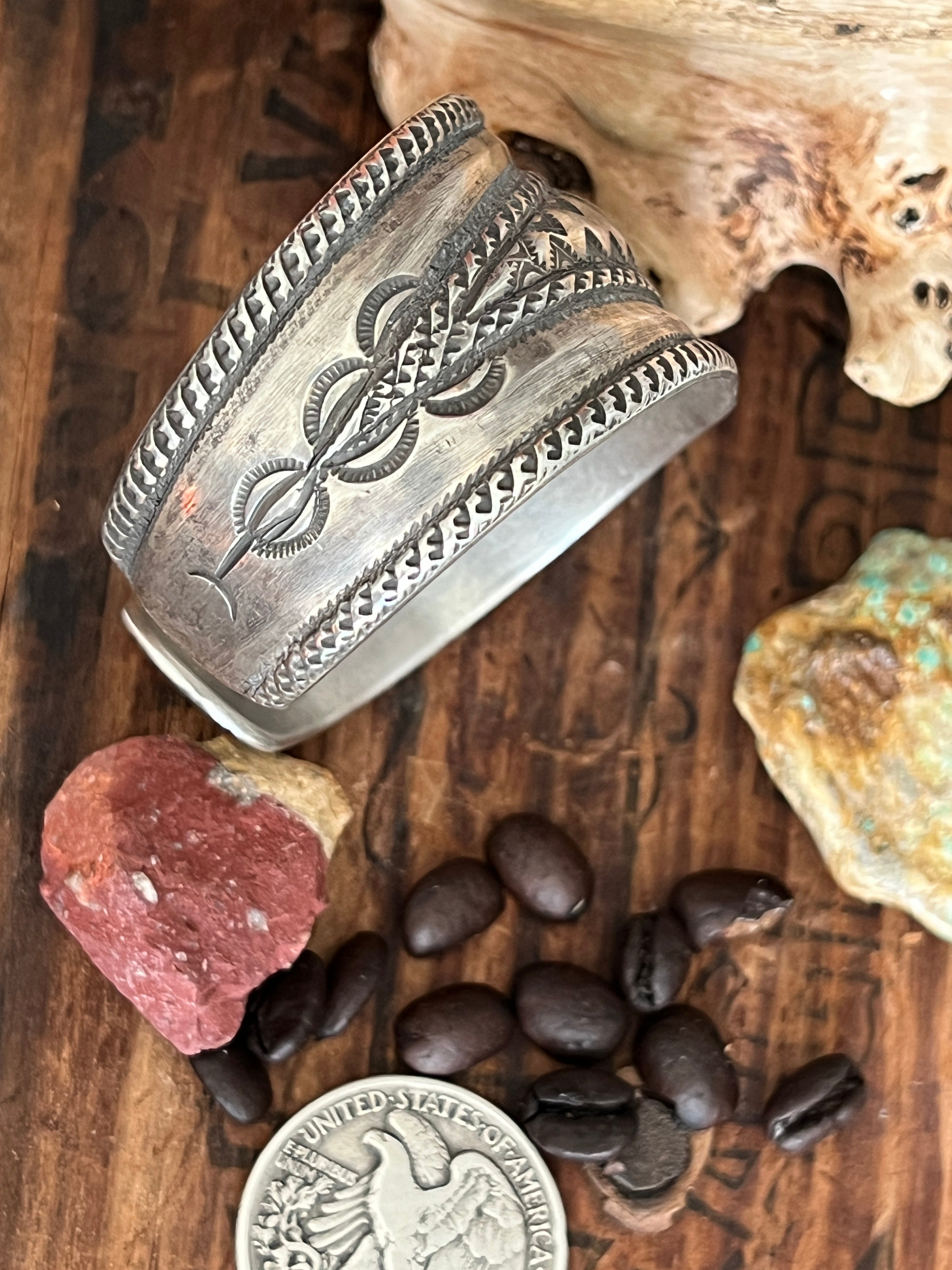 Hand Forged Old Pawn Sterling Silver Repousse Ingot Cuff Bracelet by Santa Fe Artist, Buffalo, The Monsoon