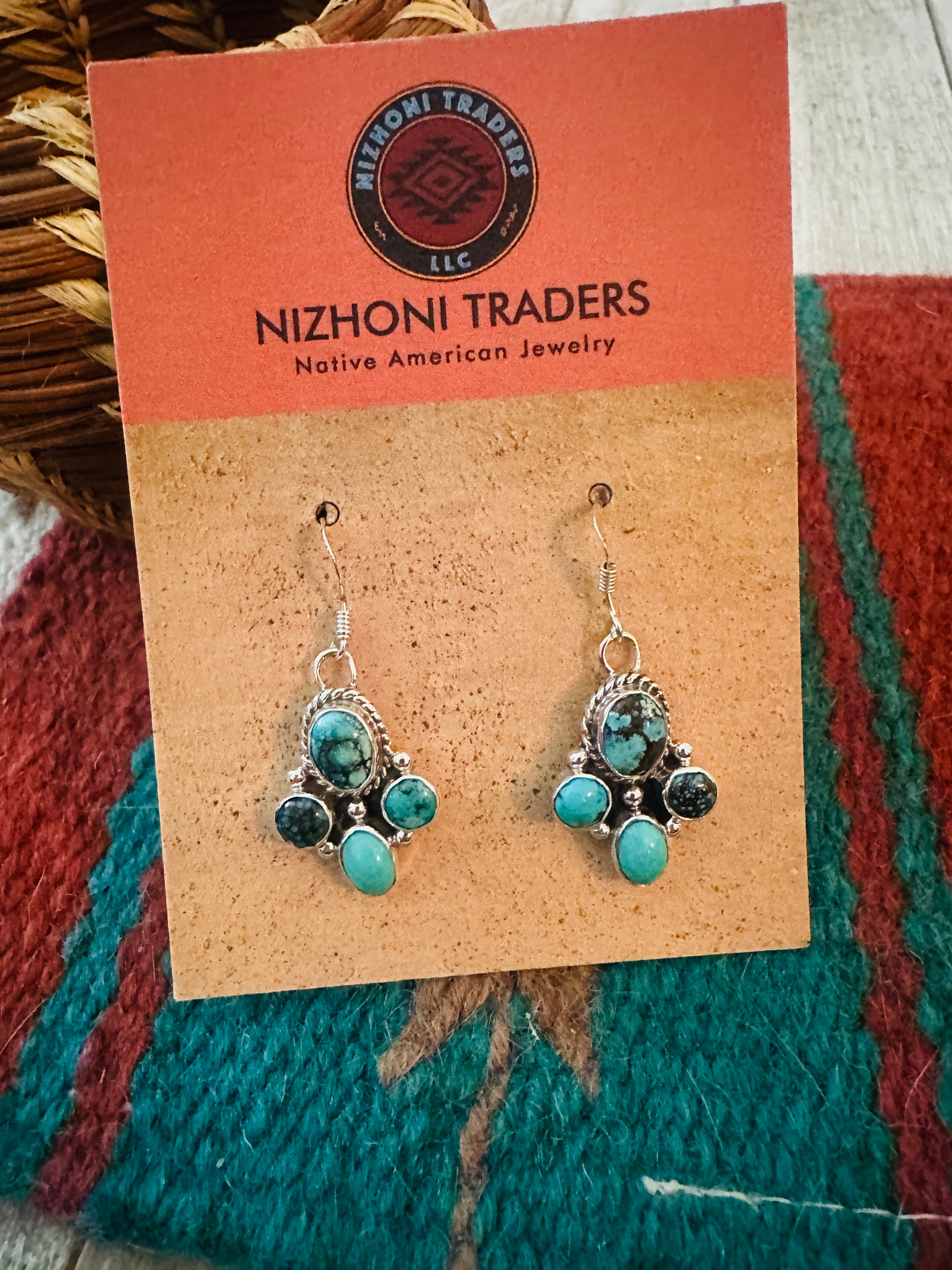 Handcrafted Turquoise & Sterling Silver Cluster Dangle Earrings