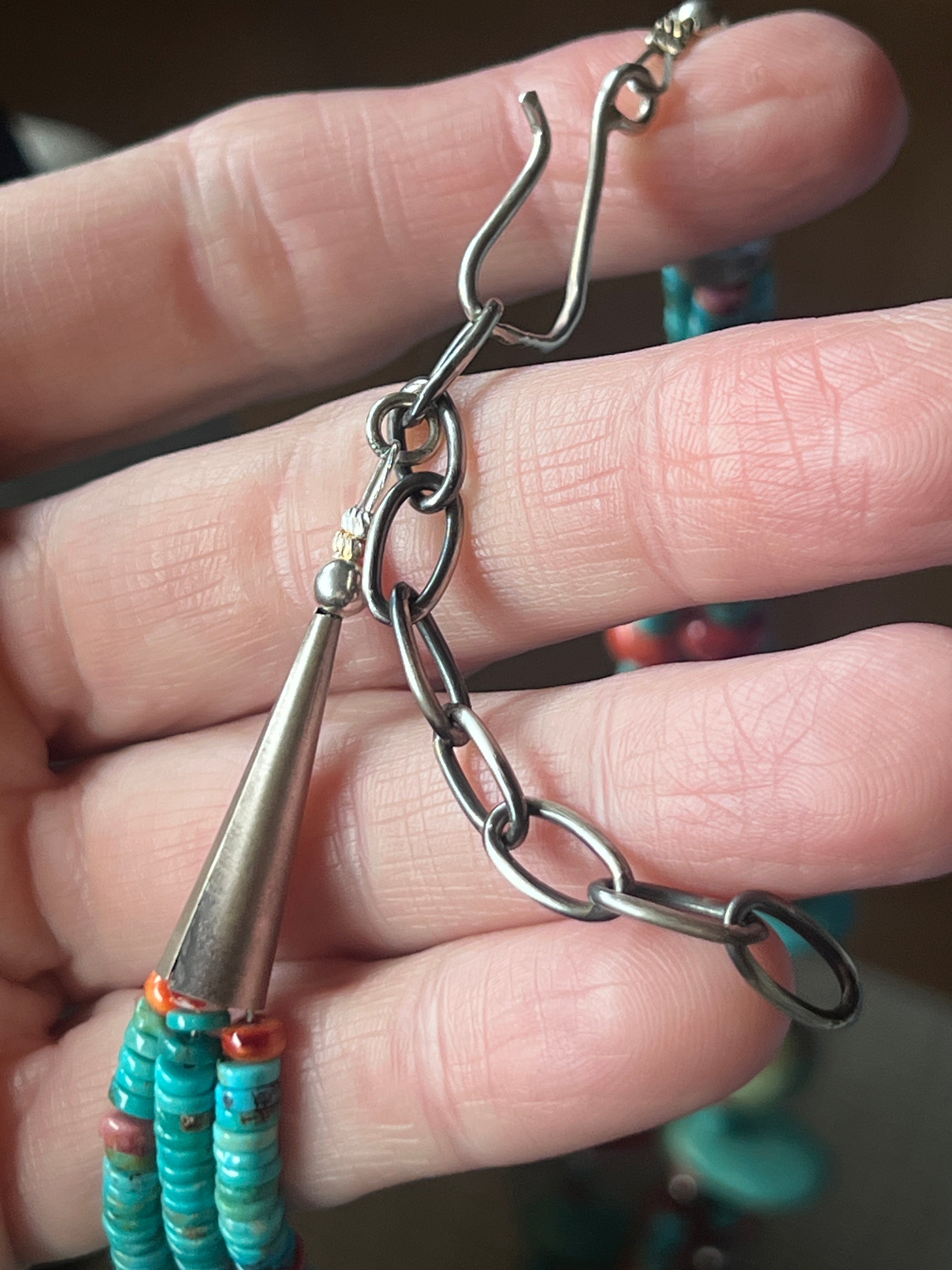 Gorgeous Handcrafted Triple Strand Sterling Silver, Turquoise and Spiny Oyster Beaded Tab Necklace by Daniel Coriz