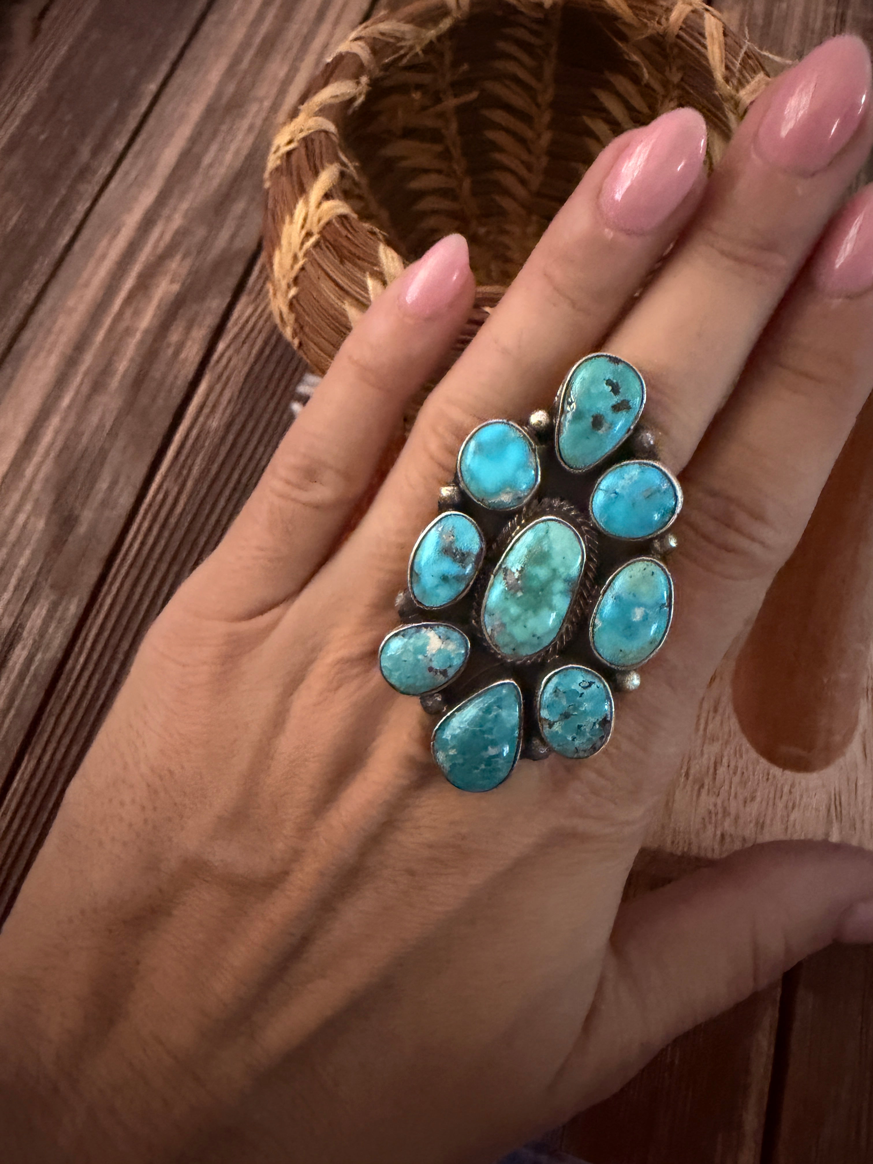 Handcrafted Turquoise & Sterling Silver Cluster Adjustable Ring Sheila Becenti