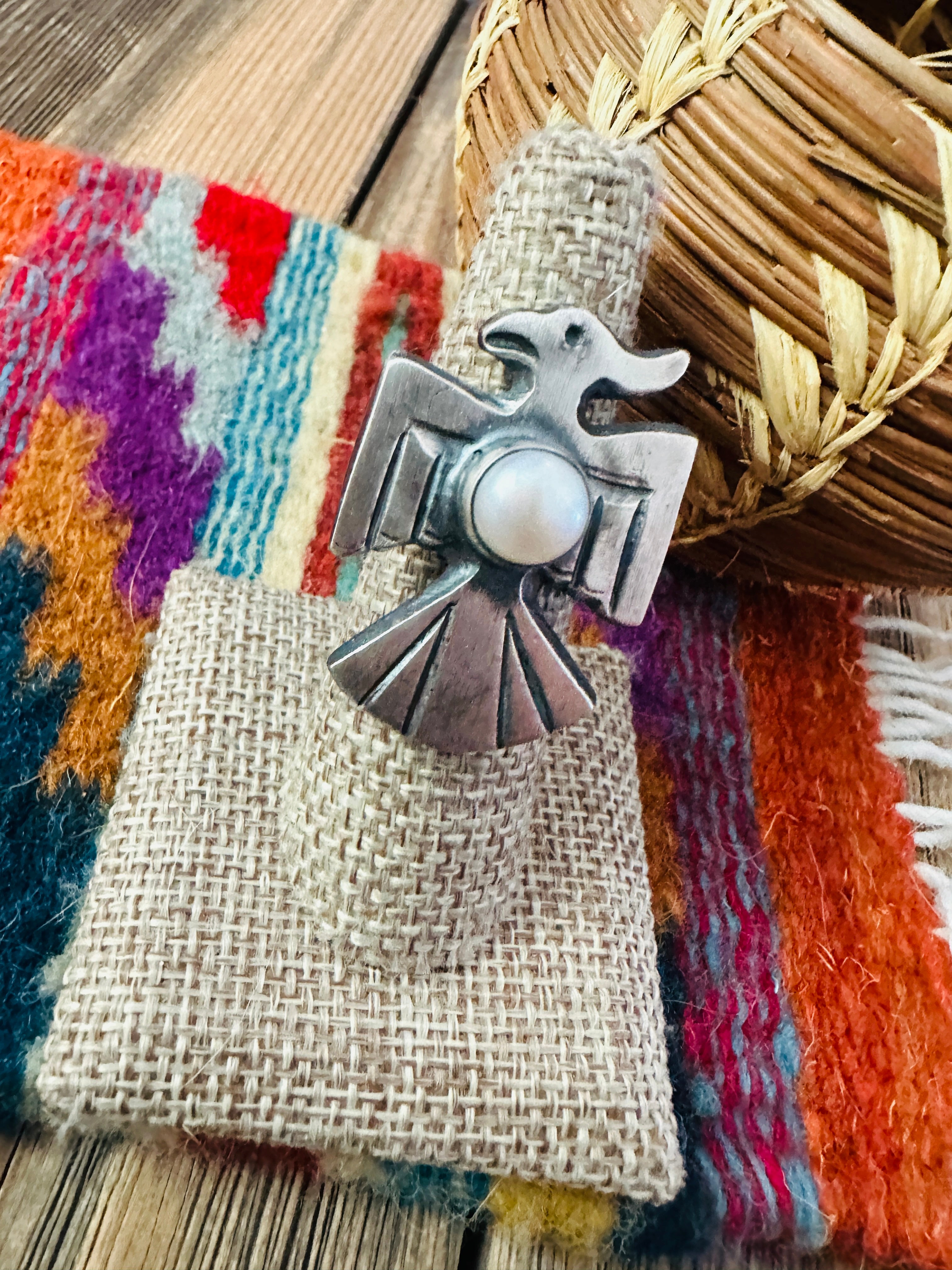 Handcrafted Pearl and Sterling Silver Thunderbird Ring size 6 by Chimney Butte