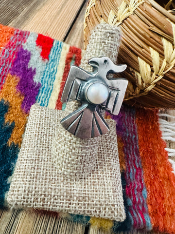 Handcrafted Pearl and Sterling Silver Thunderbird Ring size 6 by Chimney Butte