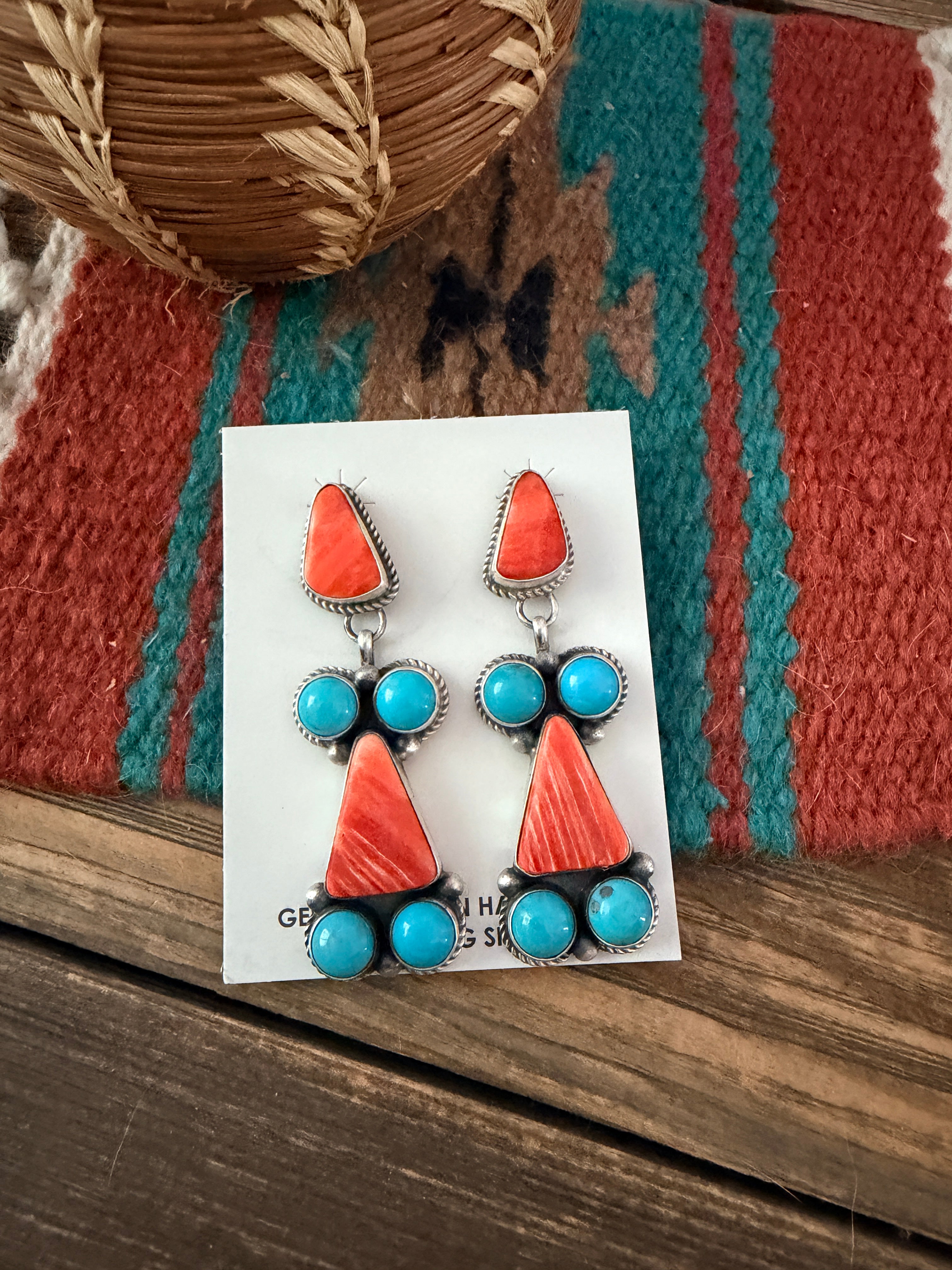 Handcrafted Sterling Silver, Turquoise & Spiny Oyster Dangle Earrings