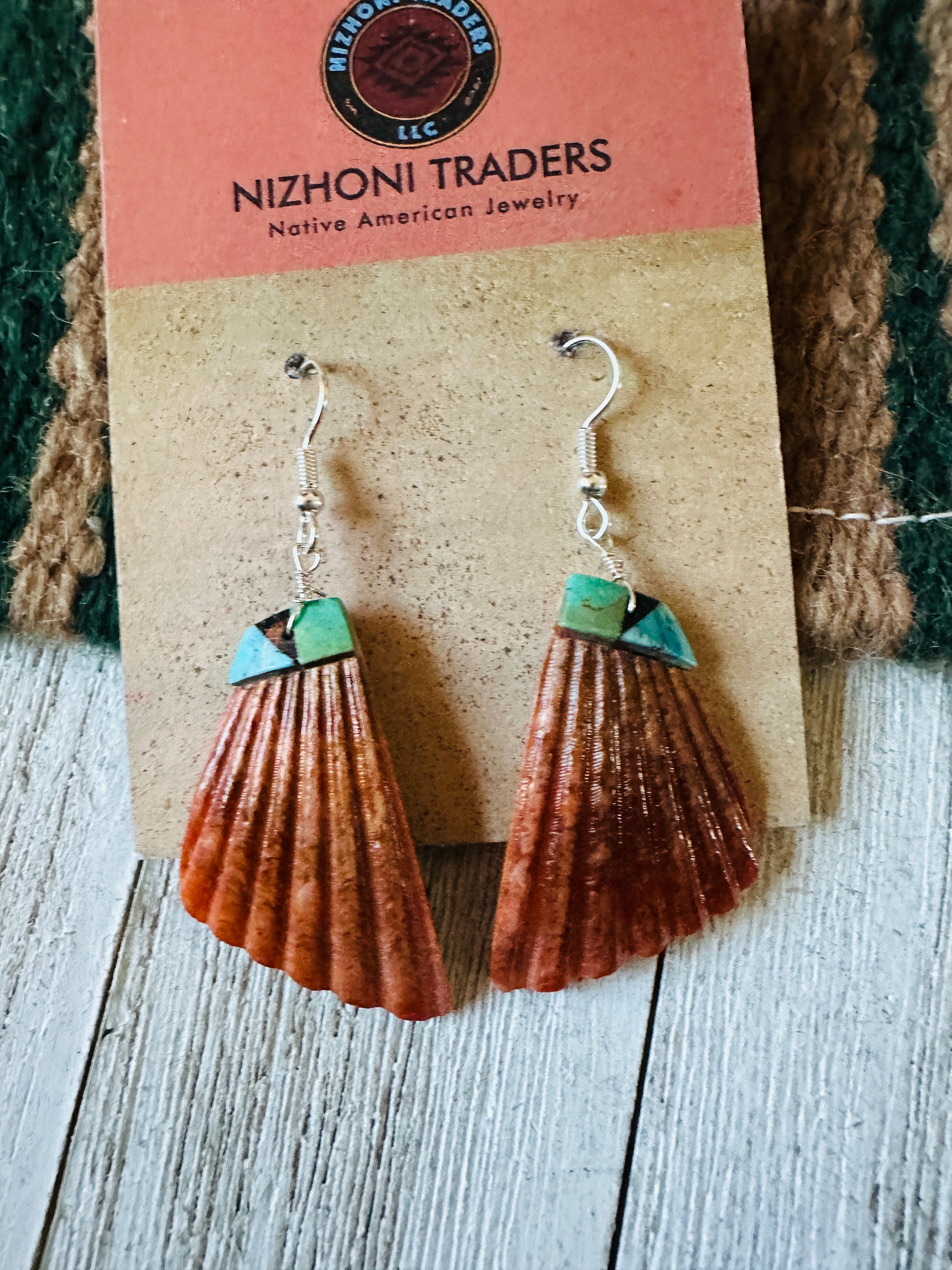 Santo Domingo Shell & Turquoise Feather Dangle Earrings