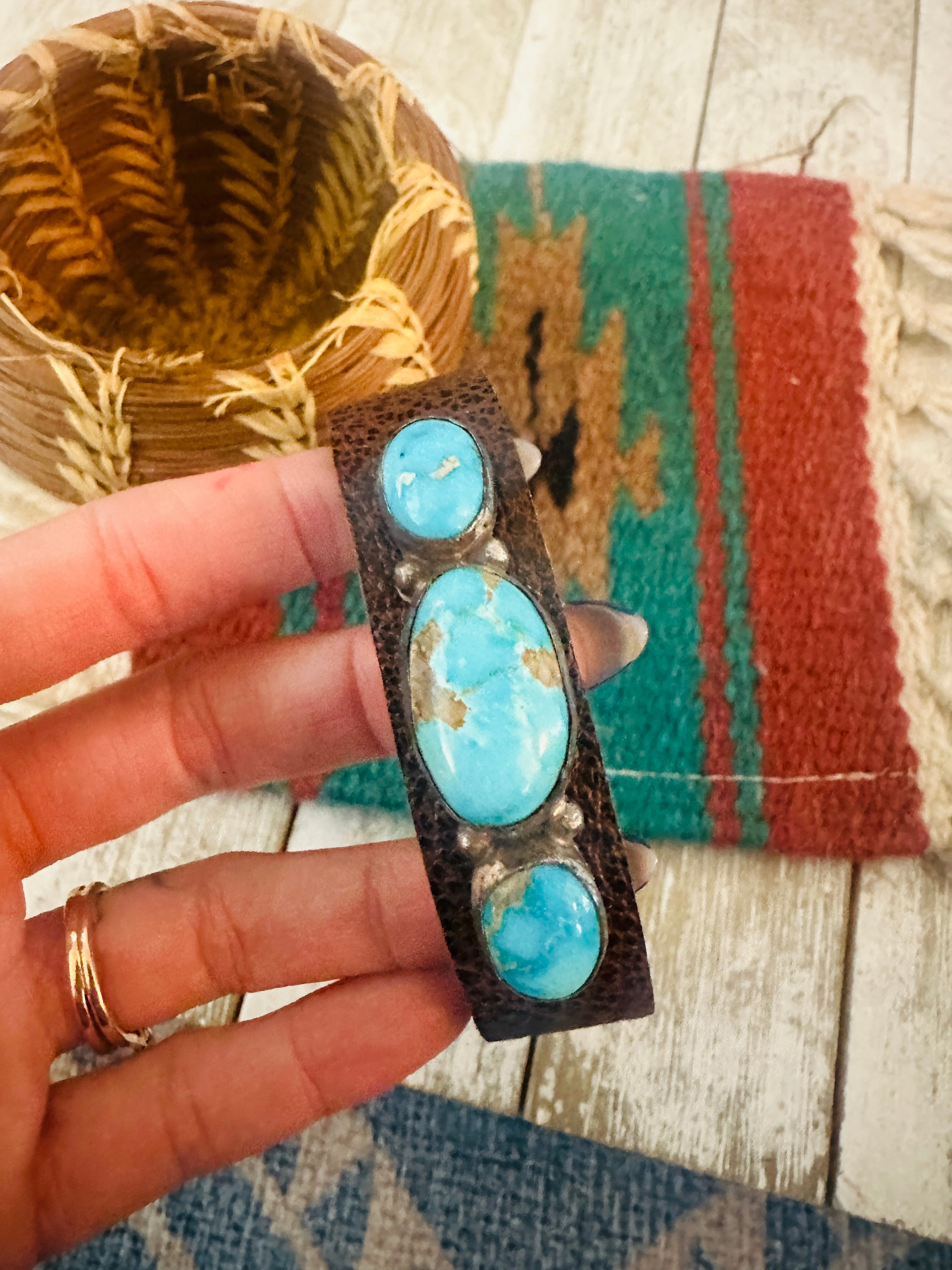Handcrafted Sonoran Rose Turquoise & Sterling Silver Leather Bracelet