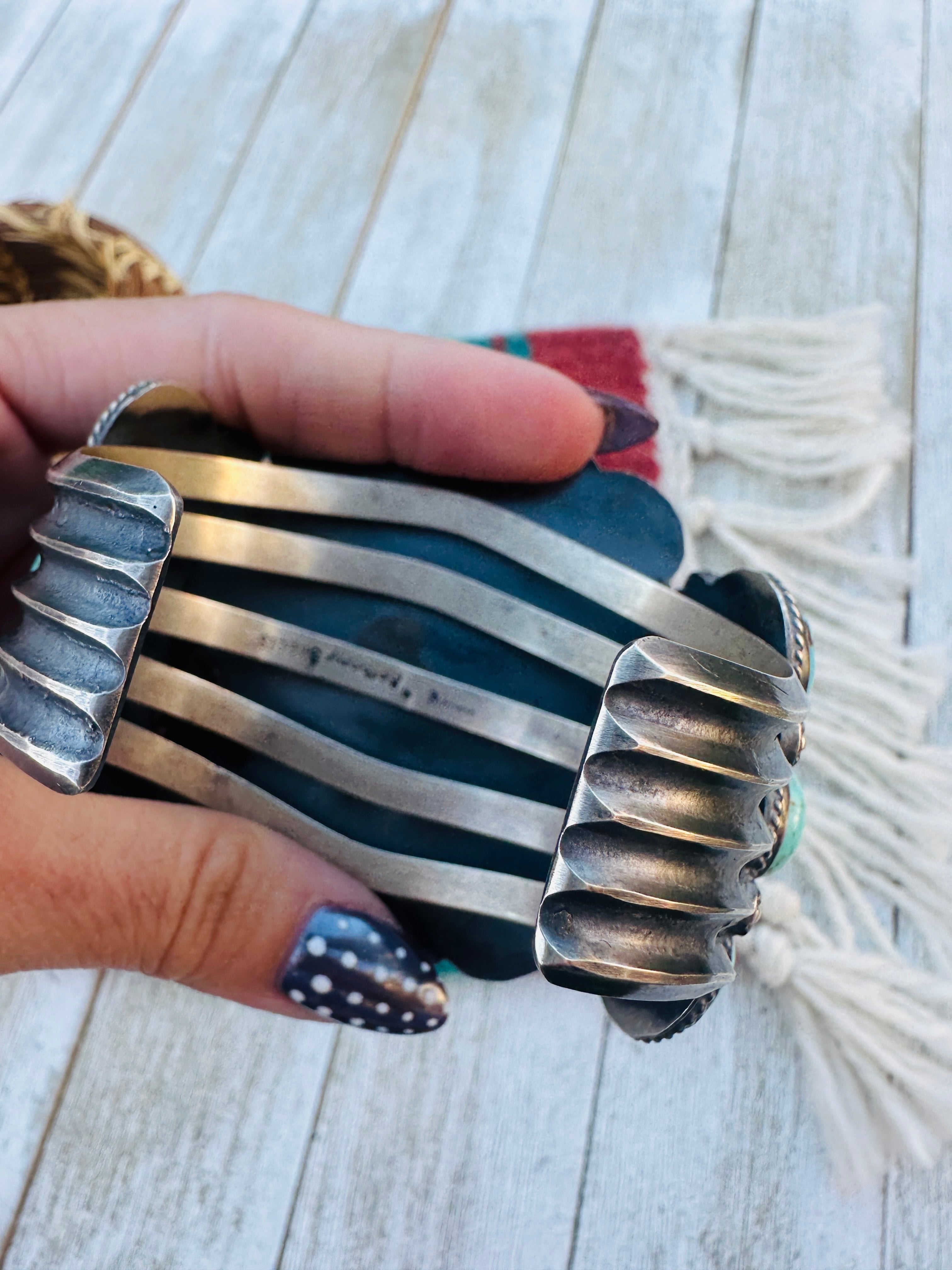 Handcrafted Old Pawn Sterling Silver & Turquoise Cluster Cuff Bracelet by Anthony Skeets