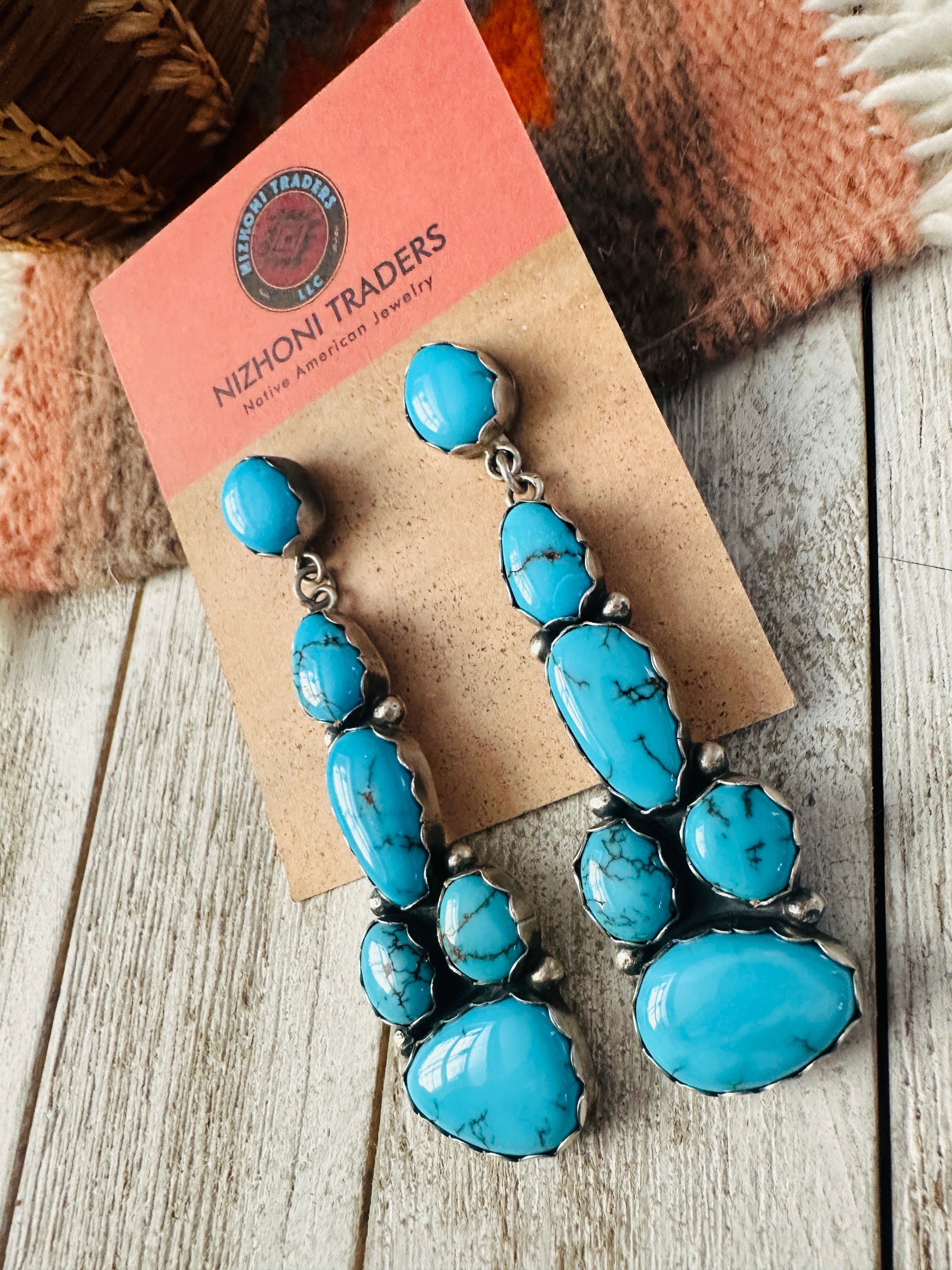 Navajo Sterling Silver & Turquoise Cluster Dangle Earrings