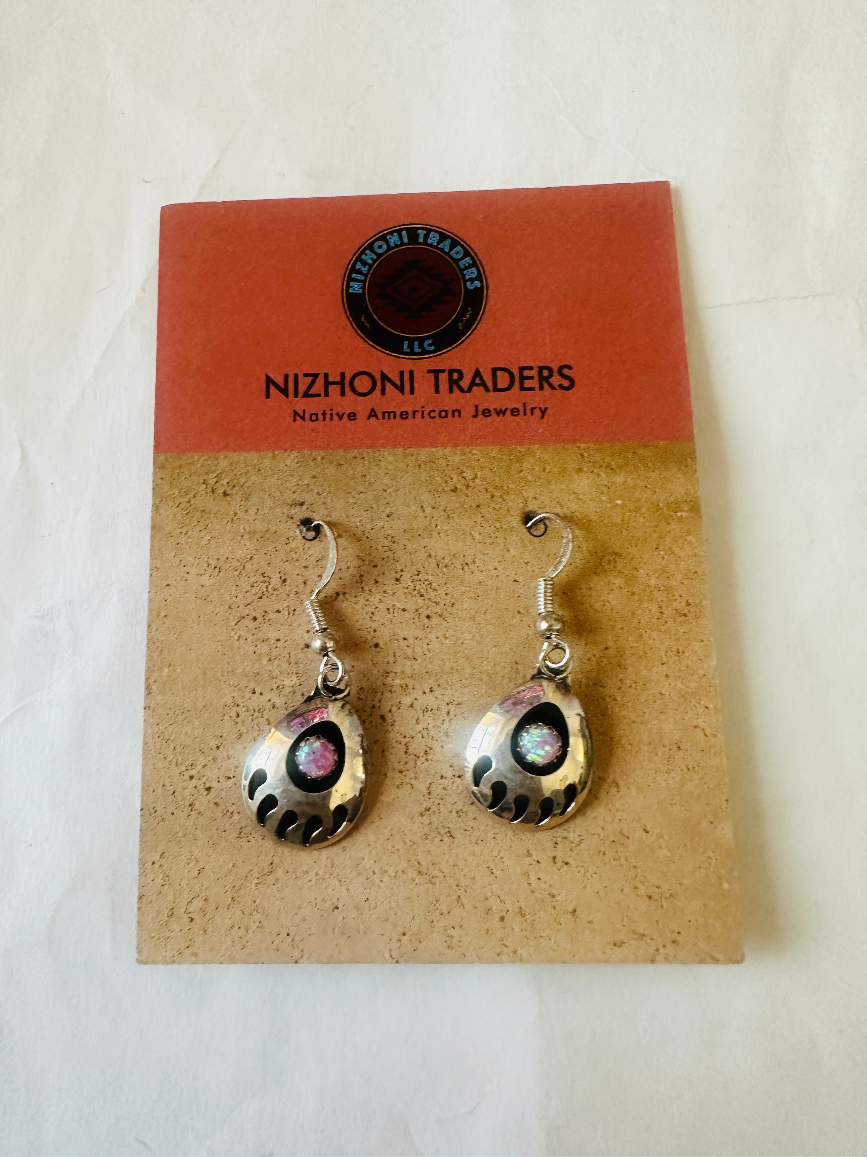 Navajo Light Pink Opal & Sterling Silver Bear Paw Dangle Earrings