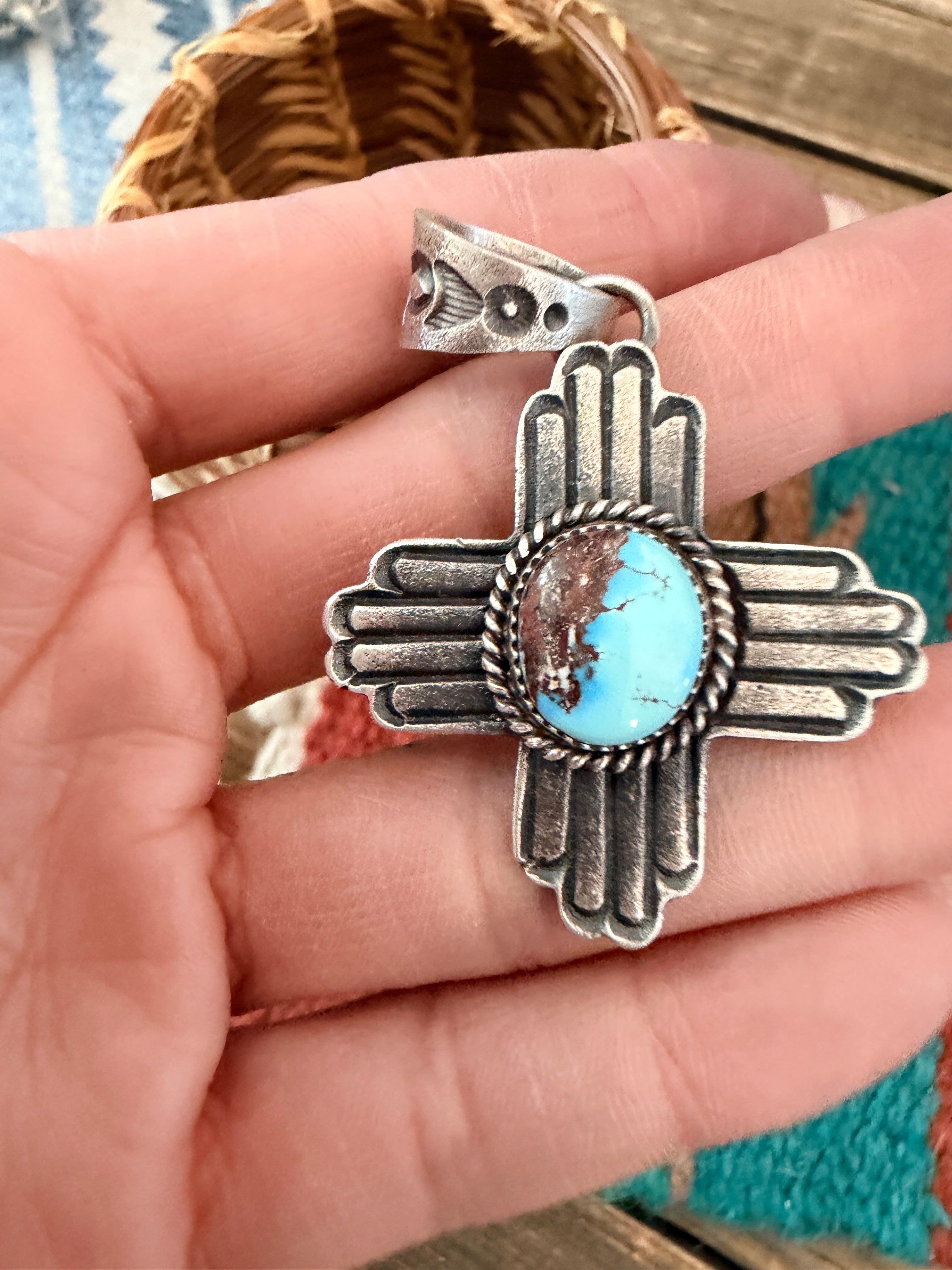 Handcrafted Sterling Silver & Golden Hills Turquoise Cross Pendant by Kevin Billah