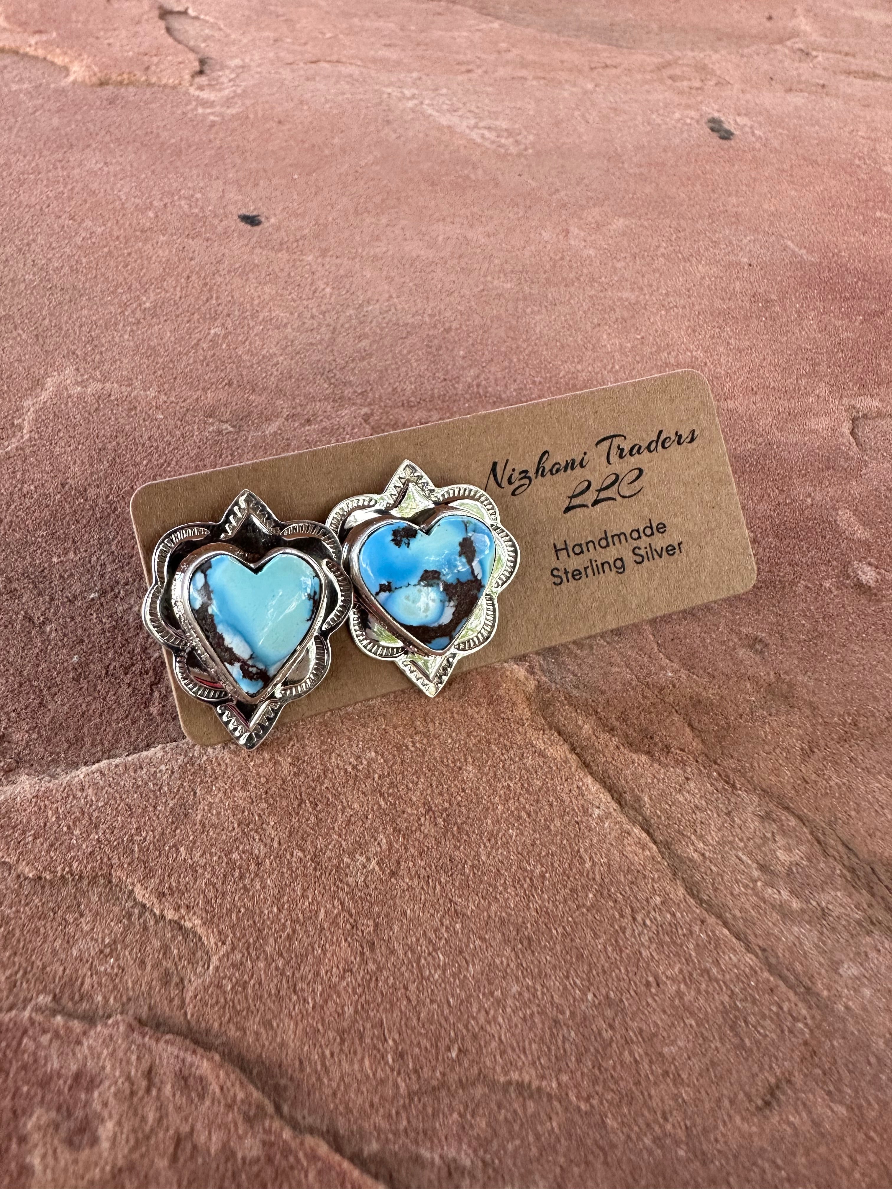 Handmade Golden Hills Turquoise and Sterling Silver Heart Post Earrings